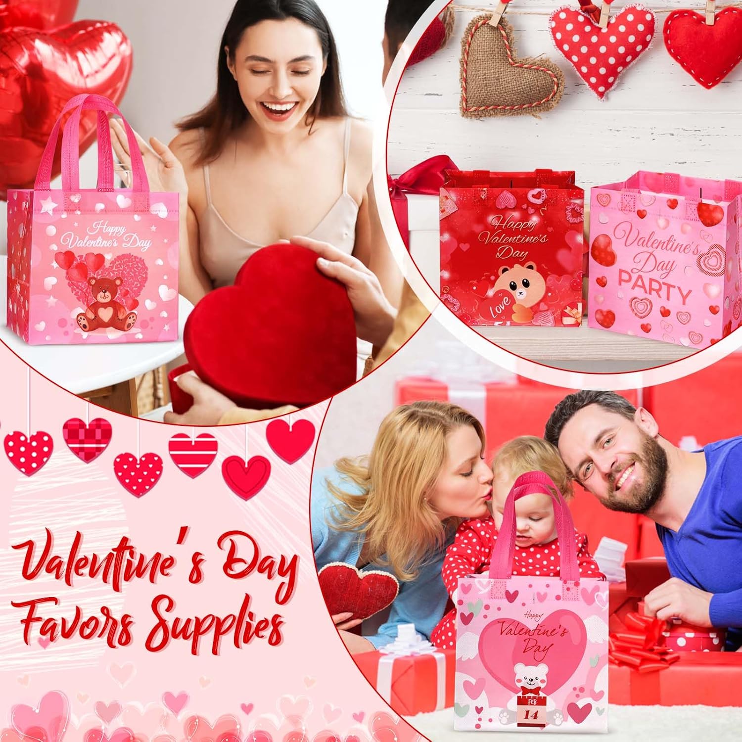 Valentine's Day Gift Bags with Handles Non Woven Reusable Treat Bags Waterproof Tote Bags for Kids Gift Wrapping - Image 6
