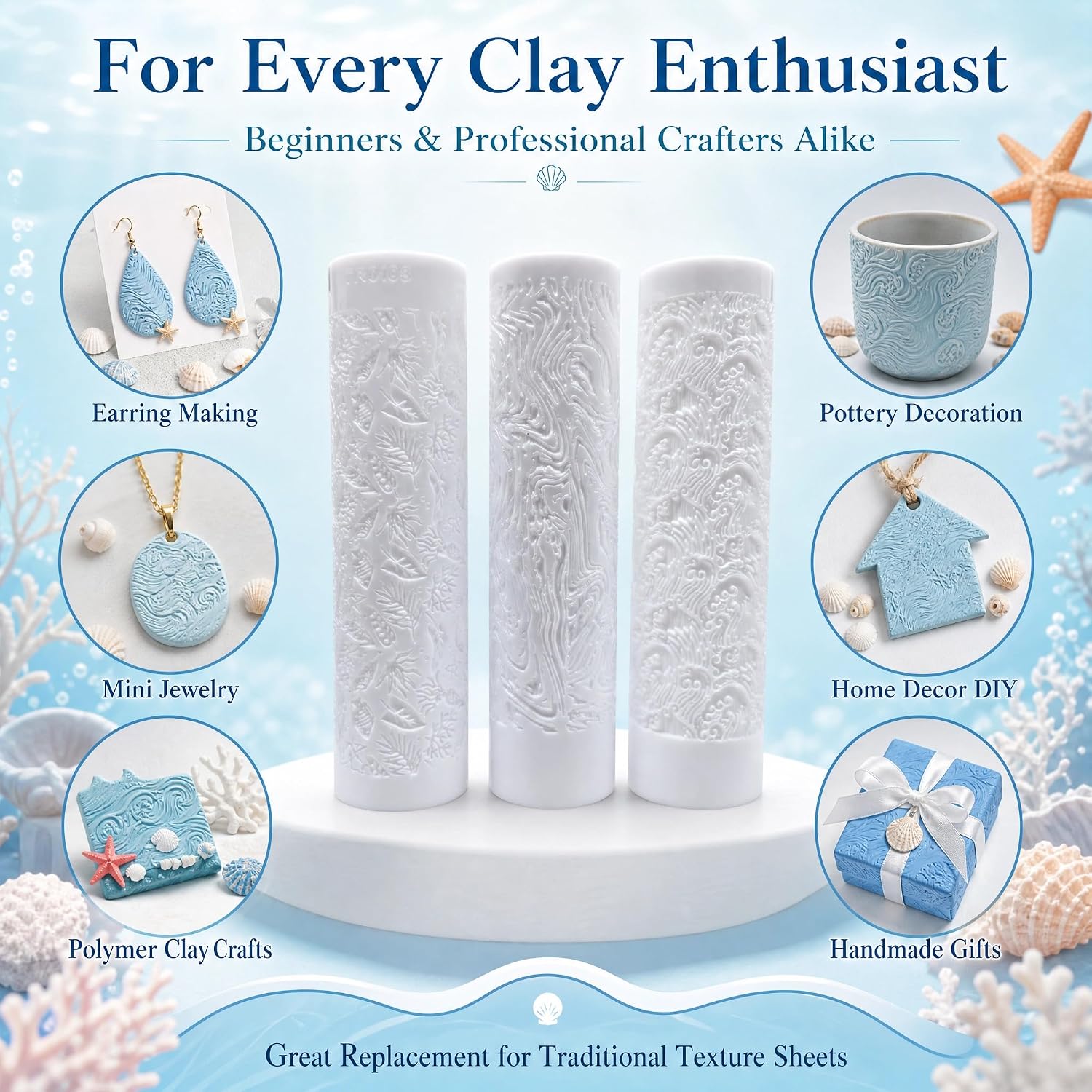 Acrylic Polymer Clay Texture Roller 3‑Piece,Ocean Pattern for Clay Earrings