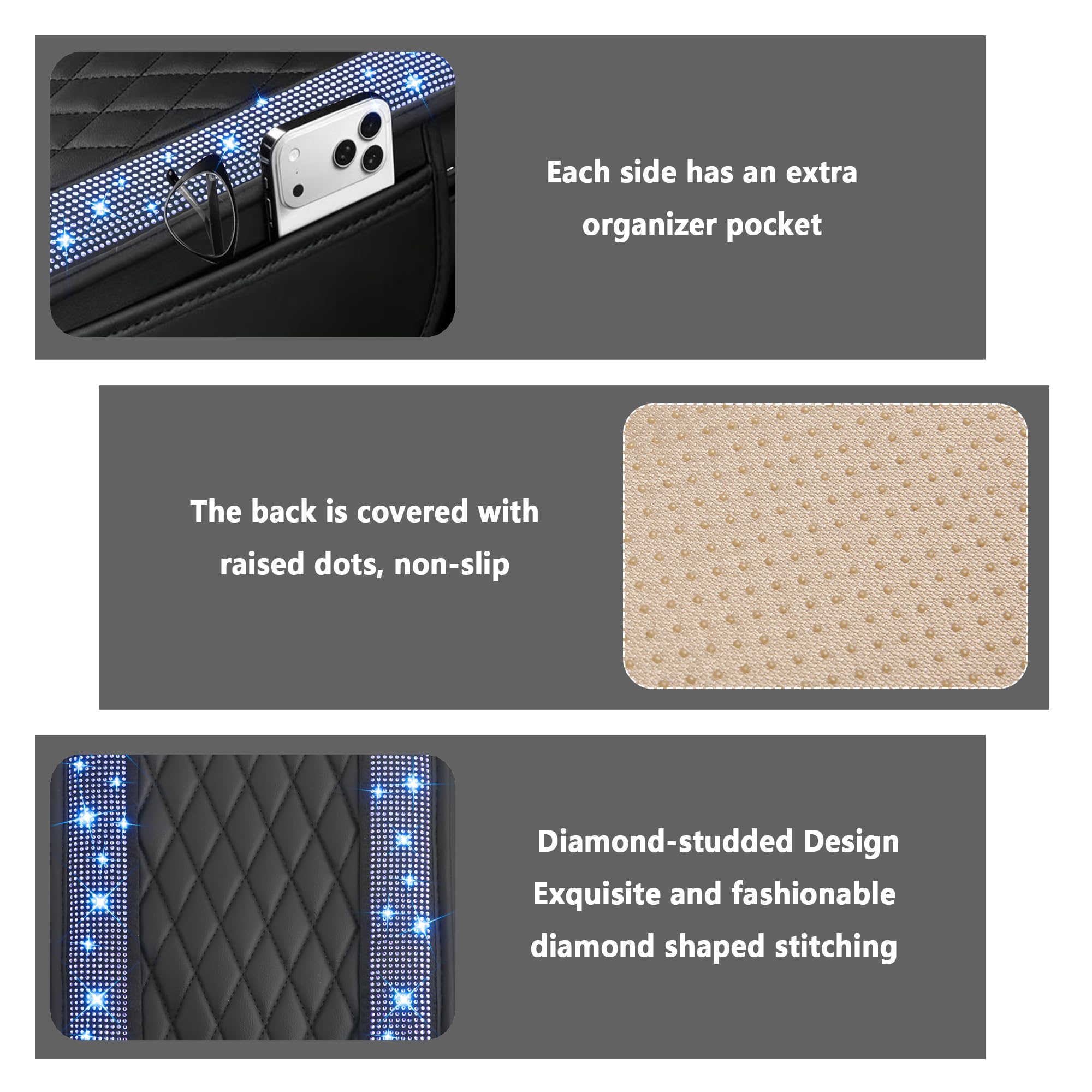Stacool Upgraded Car Center Console Cover with Rhinestones,Microfiber Leather Car Armrest Cover Cushion with 2 Storage Bags,Universal Cars Armrest Storage Box as Cars Interior Accessories view 3