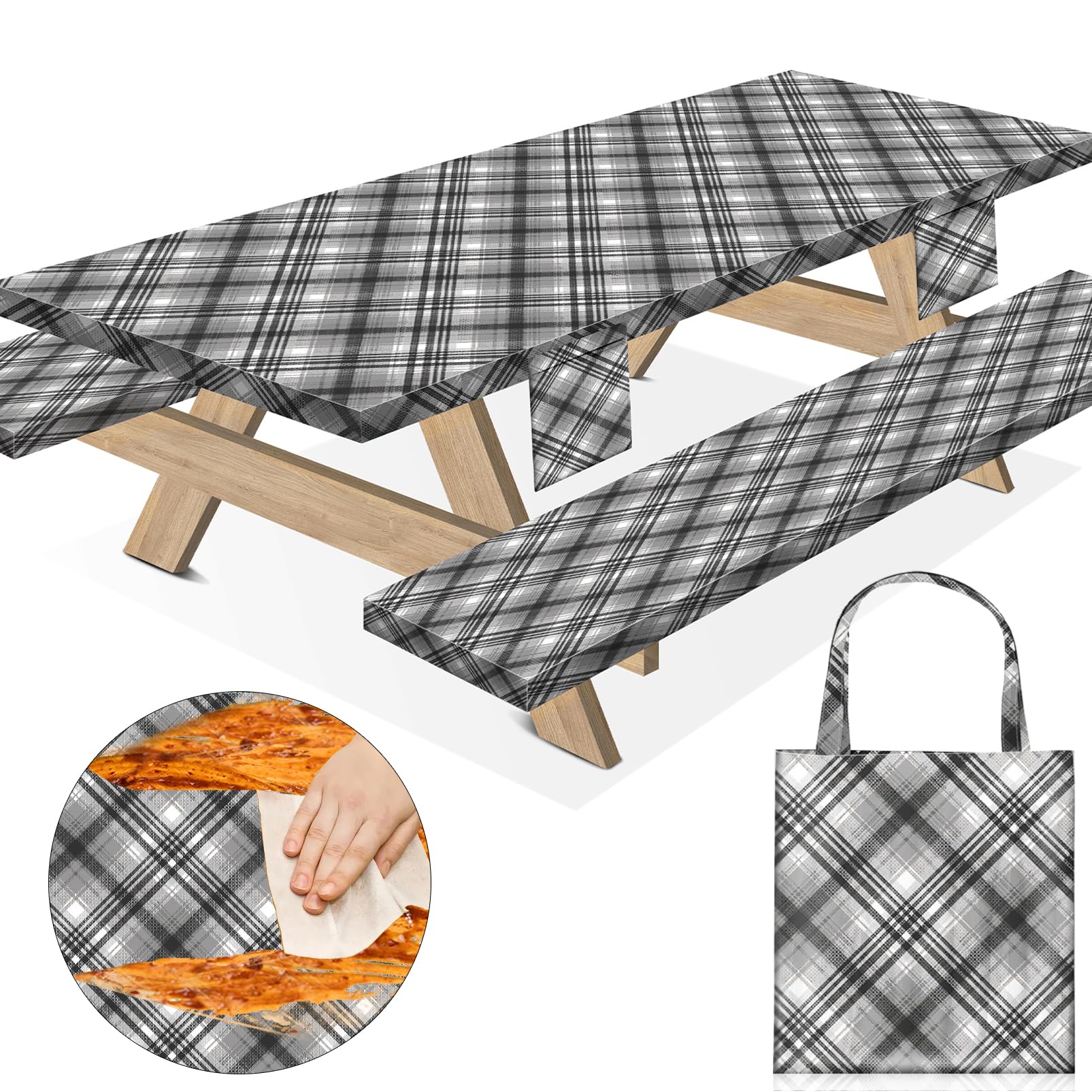 memKiya Picnic Table Cover with Bench Covers 72×30 Inches Fitted 3 Piece Camping Tablecloth with Waterproof Rectangle Camp Cloths for Outdoors Elastic Cloth RV Accessories Covers for 6 Foot Tables