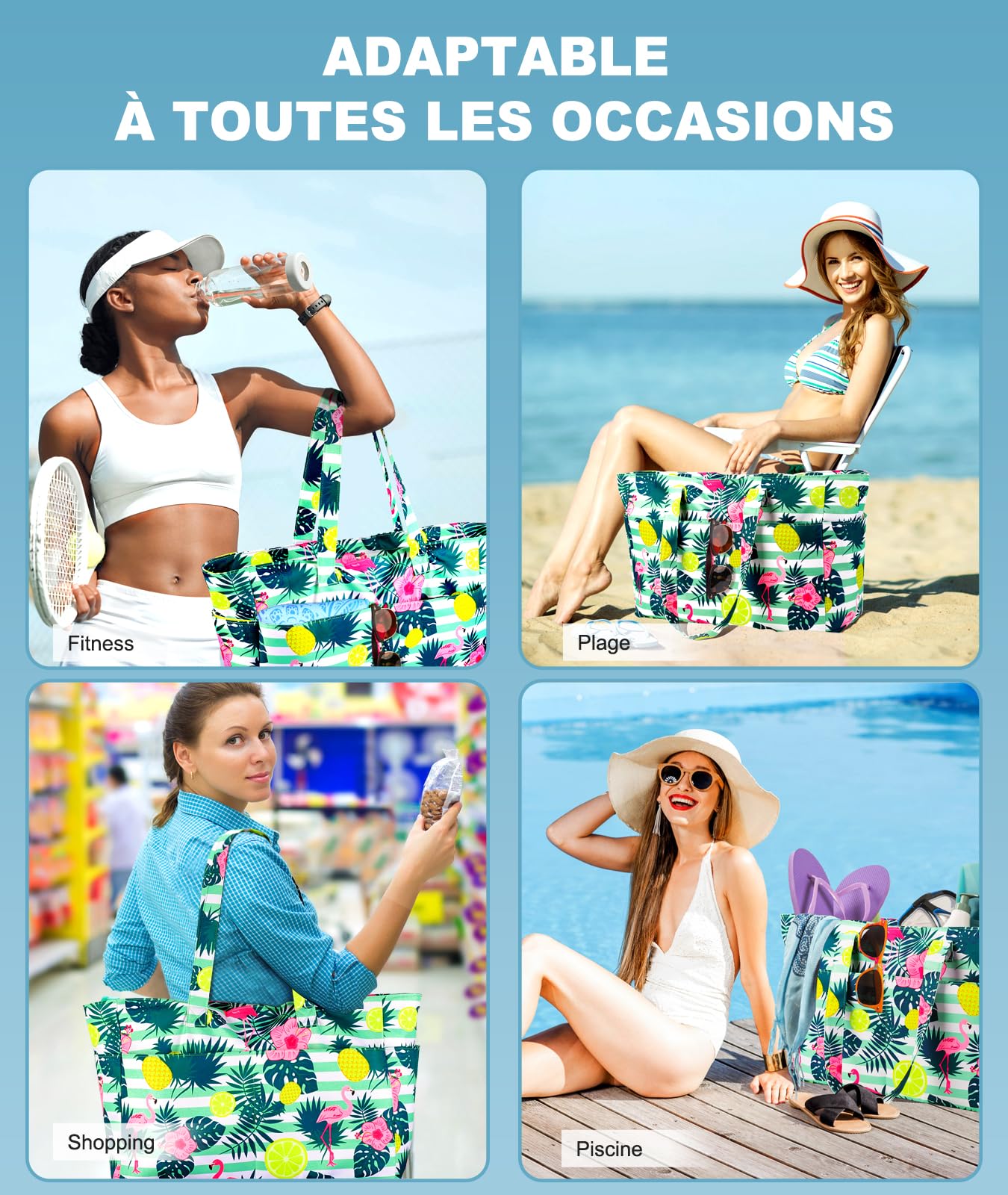 ISEYOU Grand Sac de Plage XXL Imperméable avec Fermeture Éclair, Sac Plage Pliable et Léger, Sacs de Plage Femmes Multi-Poches de Grande Capacité, Parfait pour Piscine, Shopping, Voyage, Vacances, Gym