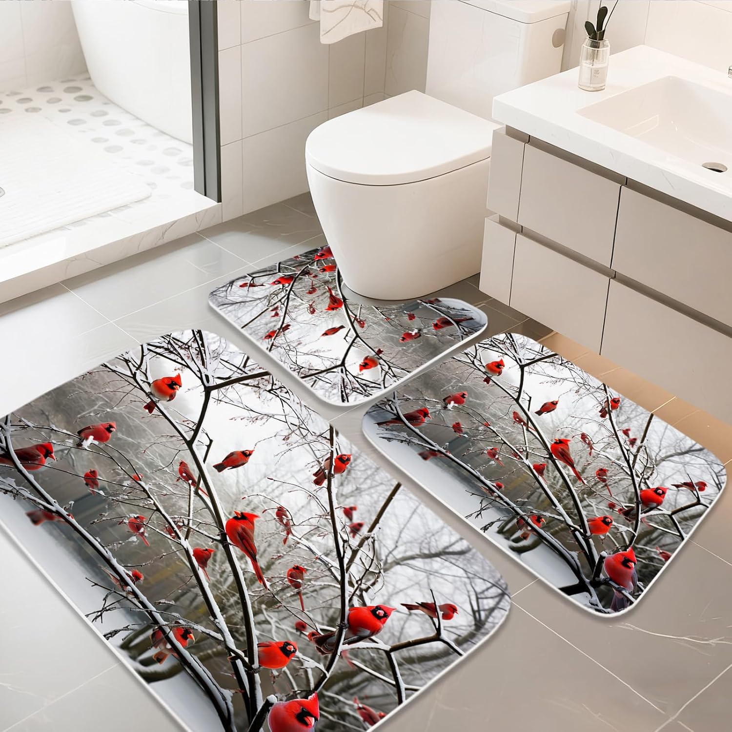 Funny Cardinal Birds on Branch Coral Velvet Bathroom Rugs and Mats Sets 3 Piece, Memory Foam Bath Mat, U-Shaped Contour Shower Mat Non Slip Absorbent, Velvet Washable 20 x 31 inch
