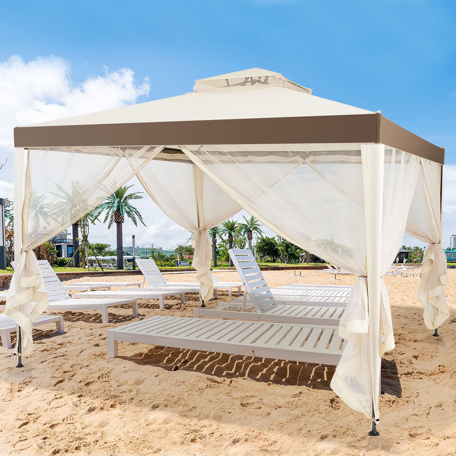 GIANTEX 3 x 3 m Tonnelle de Jardin Imperméable,Barnum Pliant avec Structure en Acier & 4 Rideaux Latéraux, Ventilation & Anti-moustiques, Tente de Reception pour Terrasses, Pelouses, Balcons (Beige)