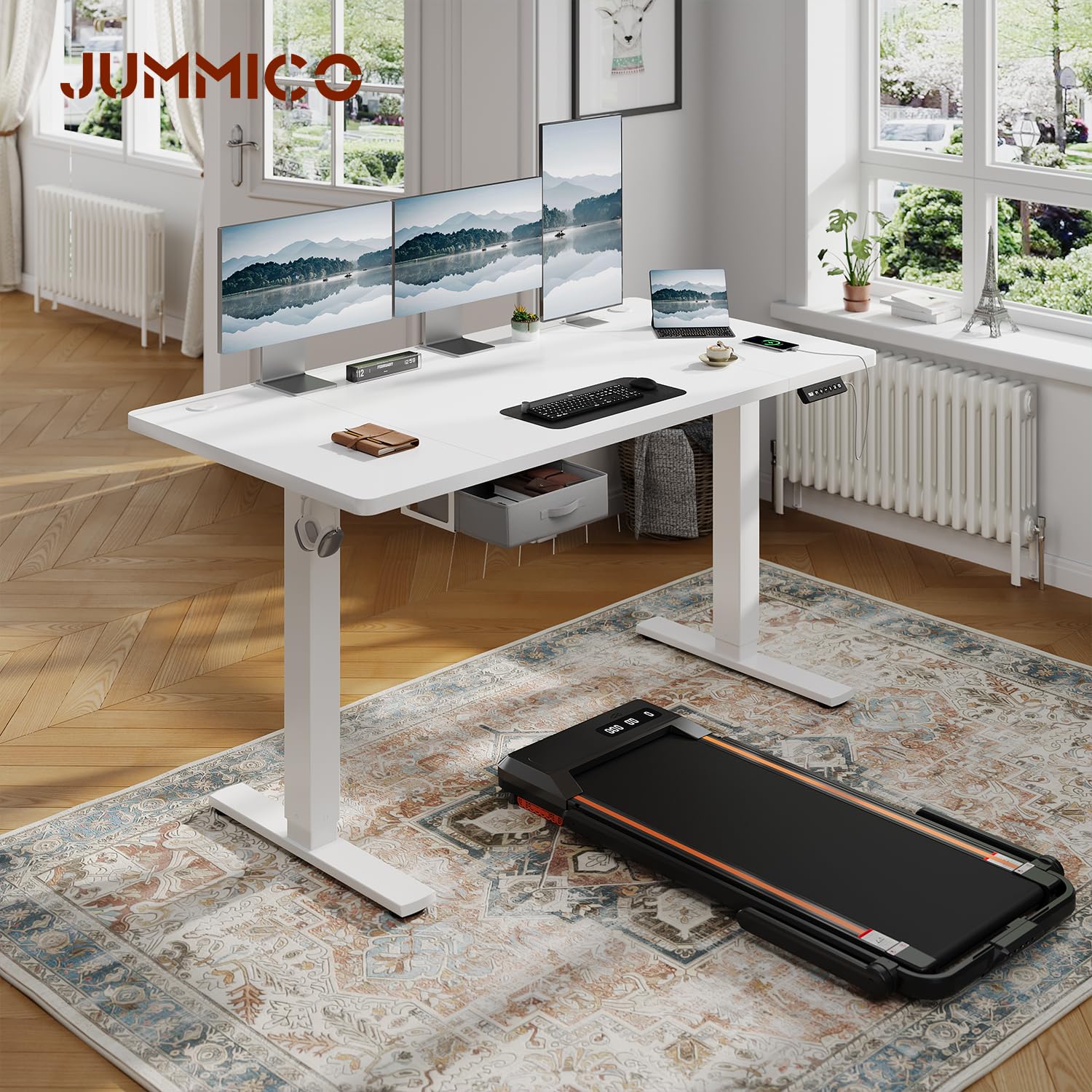 JUMMICO Höhenverstellbarer Elektrischer Stehtisch 160 x 80 cm mit Schublade und Haken – Höhenverstellbarer Sitz-Steh-Tisch mit Stabilem Stahlrahmen, Breiter Stehtisch für das Homeoffice, Weiß