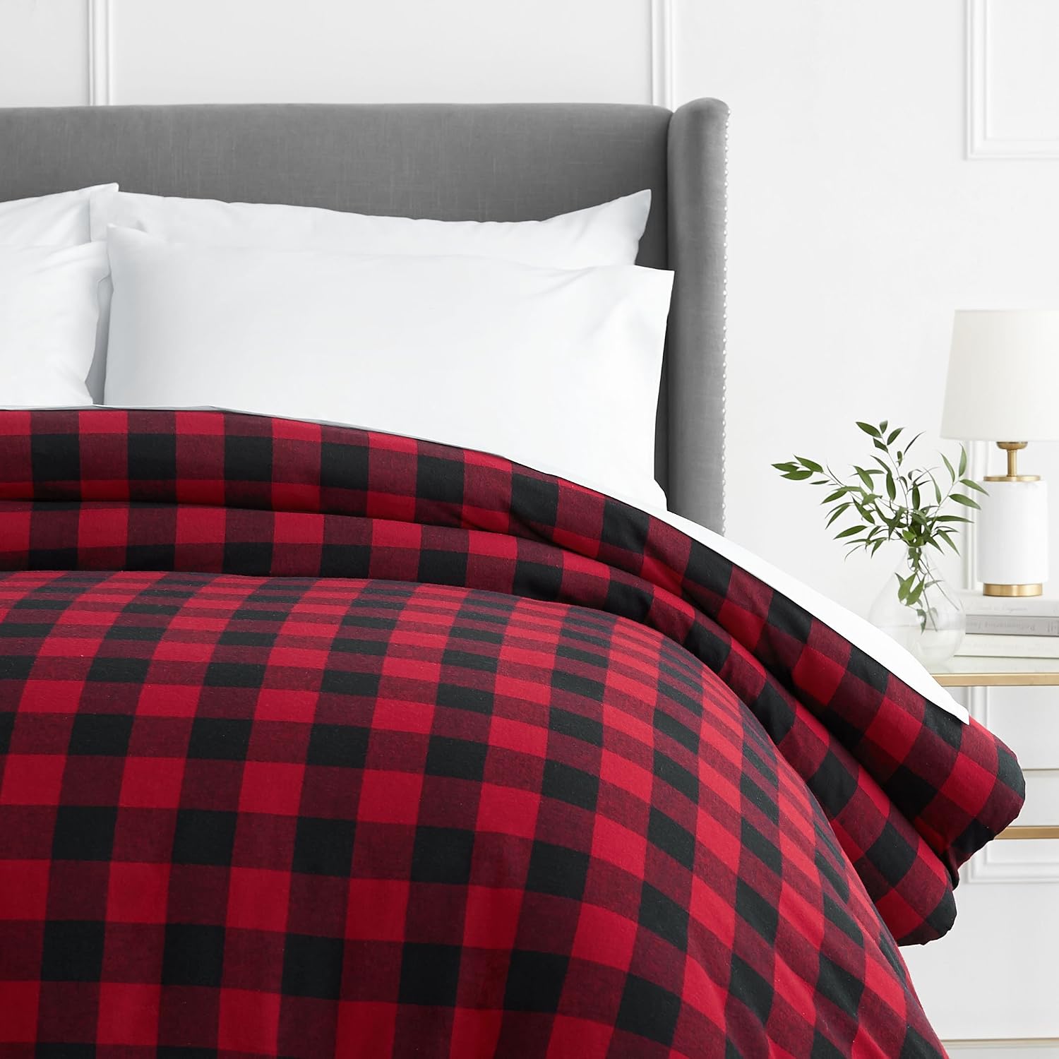 Amazon Brand – Pinzon 160-Gram Plaid Flannel Duvet Cover - Full/Queen, Red Buffalo Check