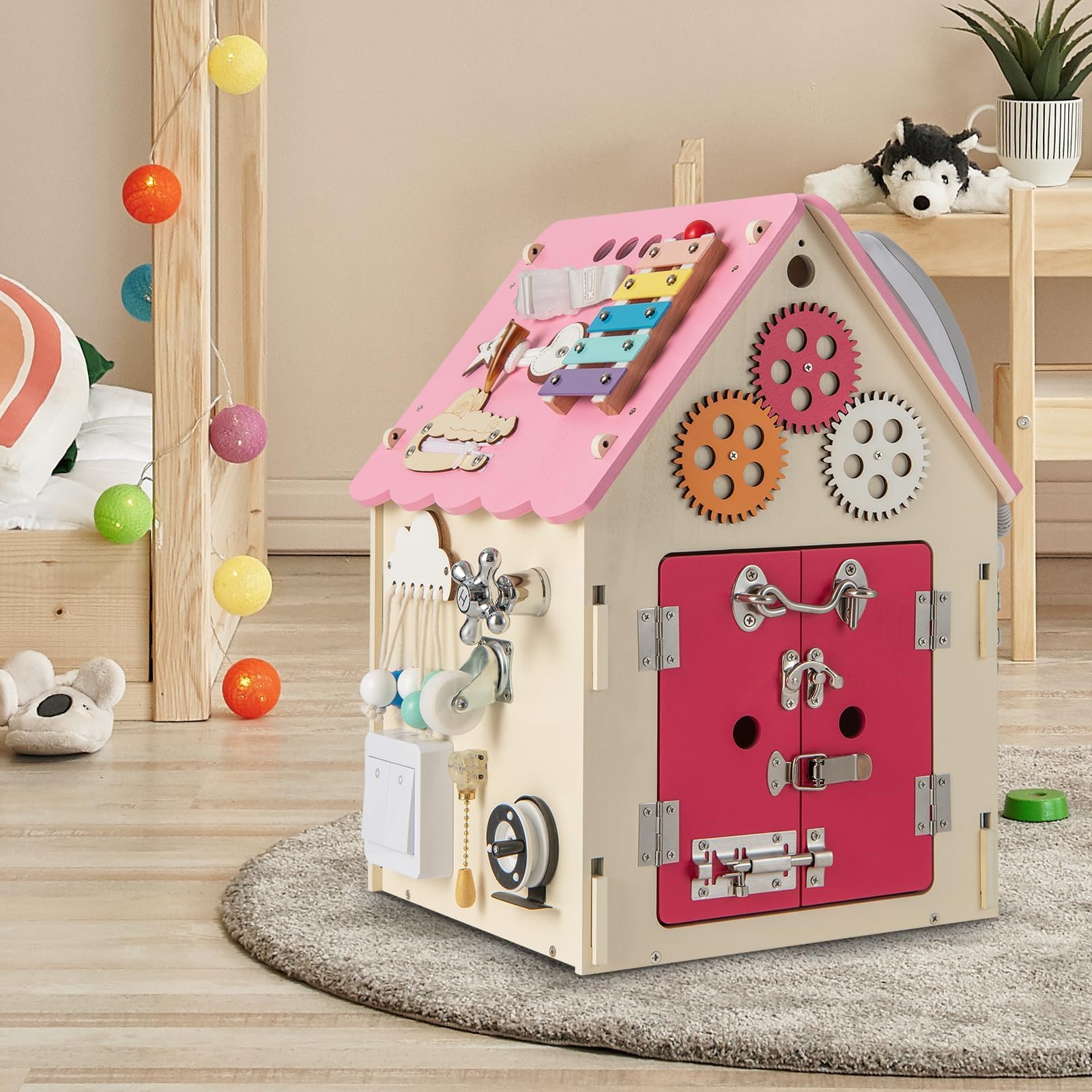 FANTASK Kinder Spielhaus Holz, Spielzeughaus mit Sinnesspielen & Stauraum, Lernspielzeug Montessori, Aktivitätswürfel für Kinder ab 2 Jahren