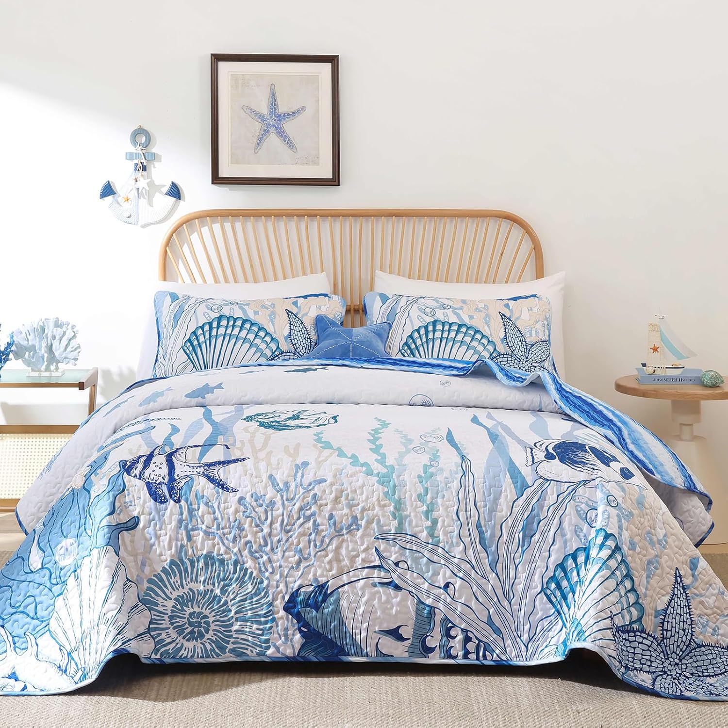 DJY Ocean Coastal Quilt Queen Size, 3 Pcs Sea Turtle Theme Bedspread Set
