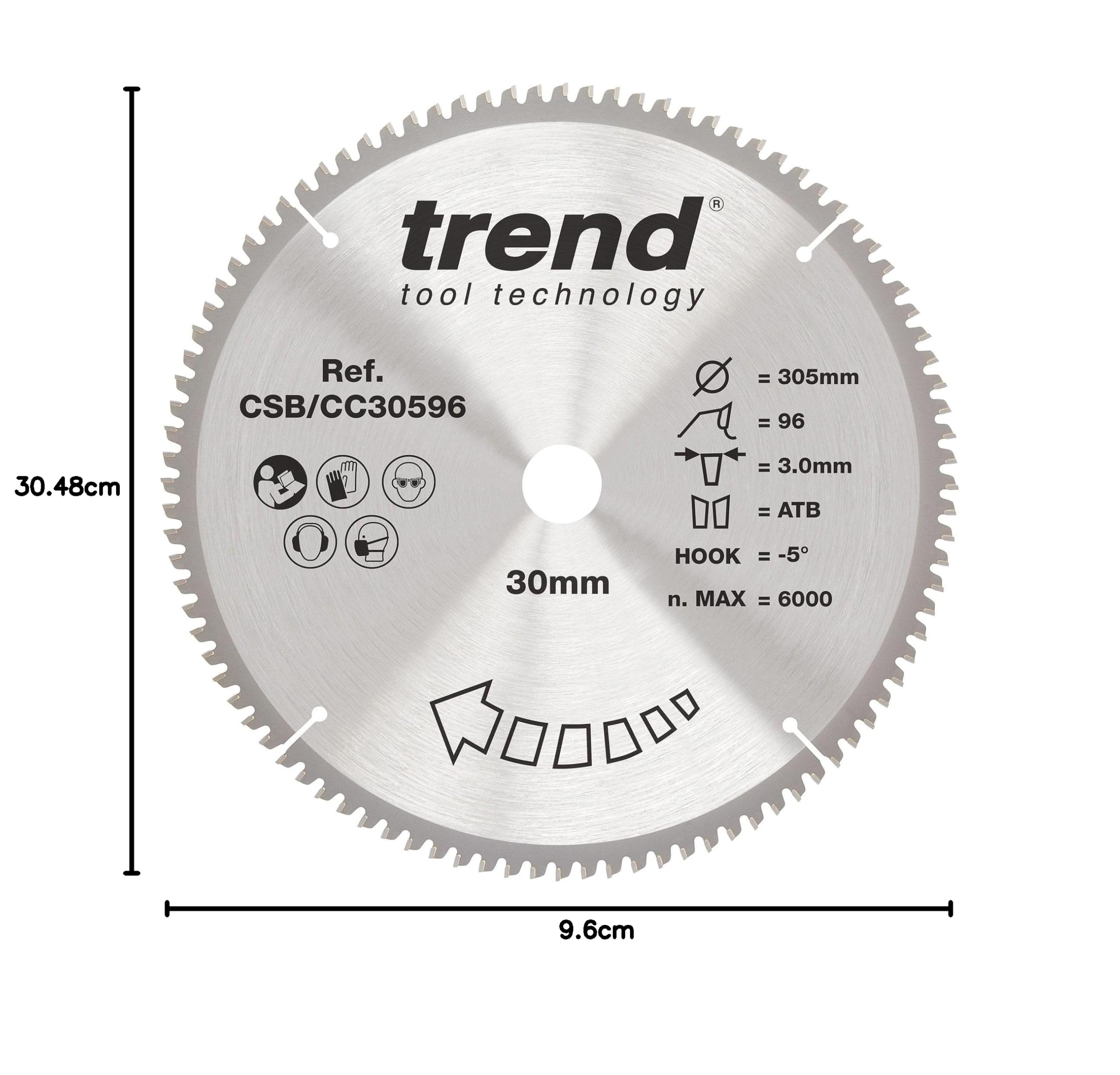 Trend Lama per troncatrice legno 305 mm, 30 mm, 96 denti, finitura fine | Per tagli trasversali precisi nel legno: 96 denti per finitura extra-fine, 305x30 mm, gancio -5°, CSB/CC30596