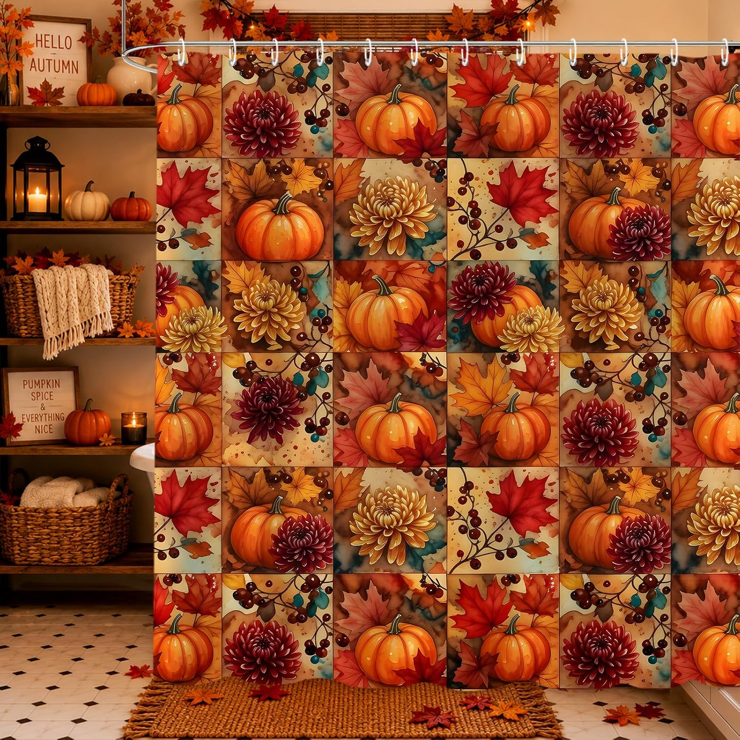 Fall Shower Curtain,Autumn Checker Floral Pumpkins Shower Curtain Set,Waterproof Retro Farmhouse Patchwork Floral Shower Curtains for Fall Home Decor with 12 Hooks，72" x 72"