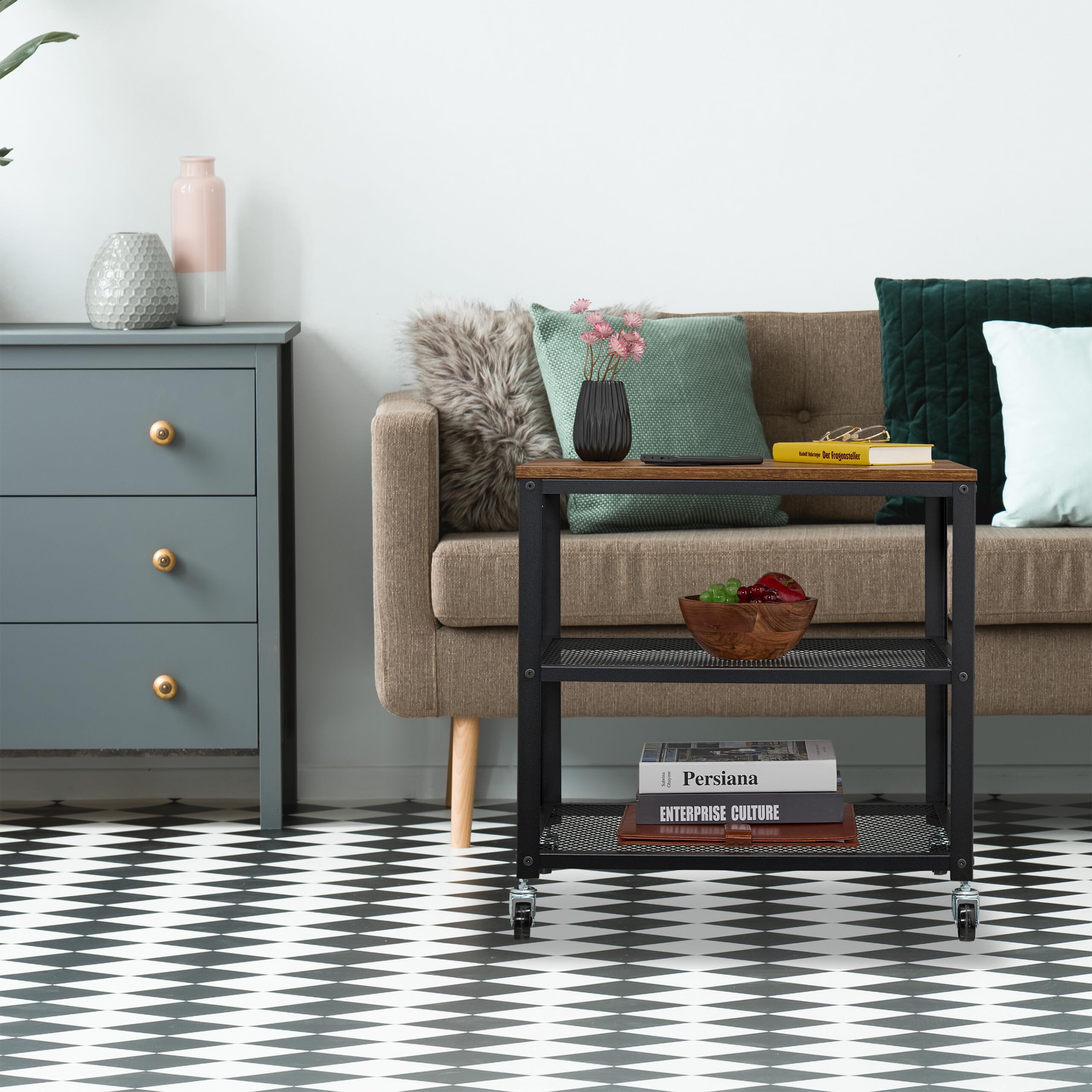 Relaxdays Chariot de Service, 3 Niveaux, Design Industriel, H x L x P : 61 x 60 x 40 cm, roulettes, Noir et Marron