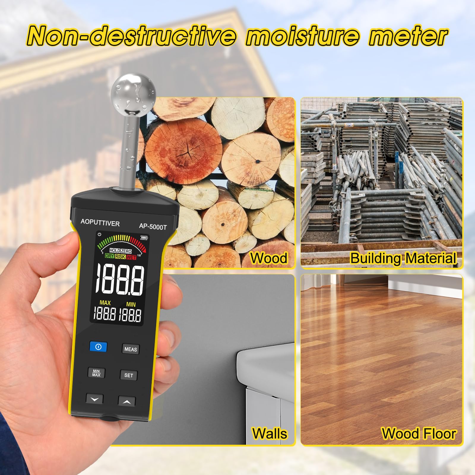 Testeur Humidité Humidimètre Sans Aiguille T, Détecteur Humidité Murs, Bois, Maçonnerie et Béton avec écran Couleur LCD et Alarme, Détecte Jusqu'à 20-40mm Sous la Surface