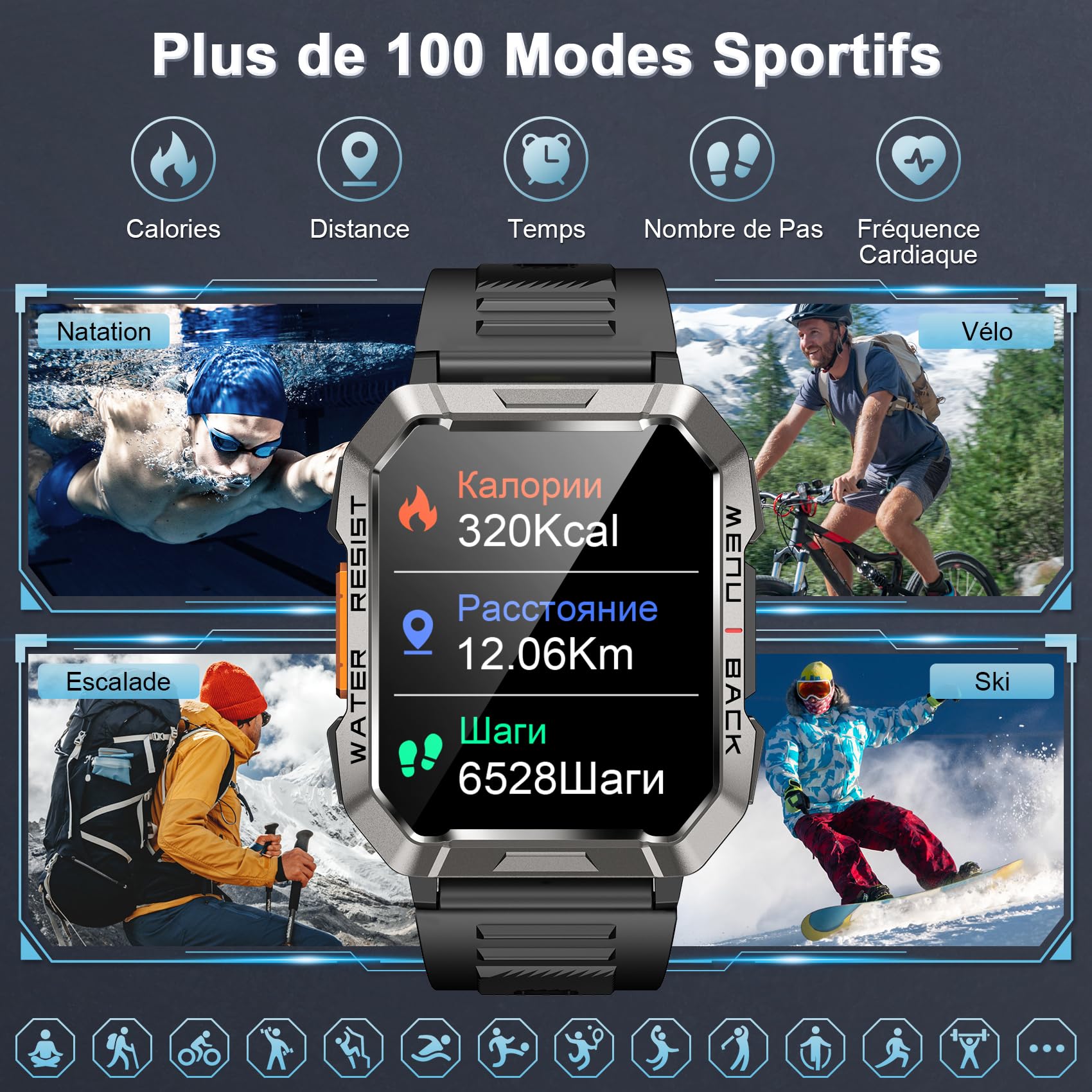 Militaire Montre Connectée Homme Femme, 2.01" HD, Batterie 900mAh, Appels Bluetooth, Lampe LED, Fréquence Cardiaque & SPO₂, Suivi du Sommeil, 100+ Modes Sportifs,2 Bracelets inc, Android iOS