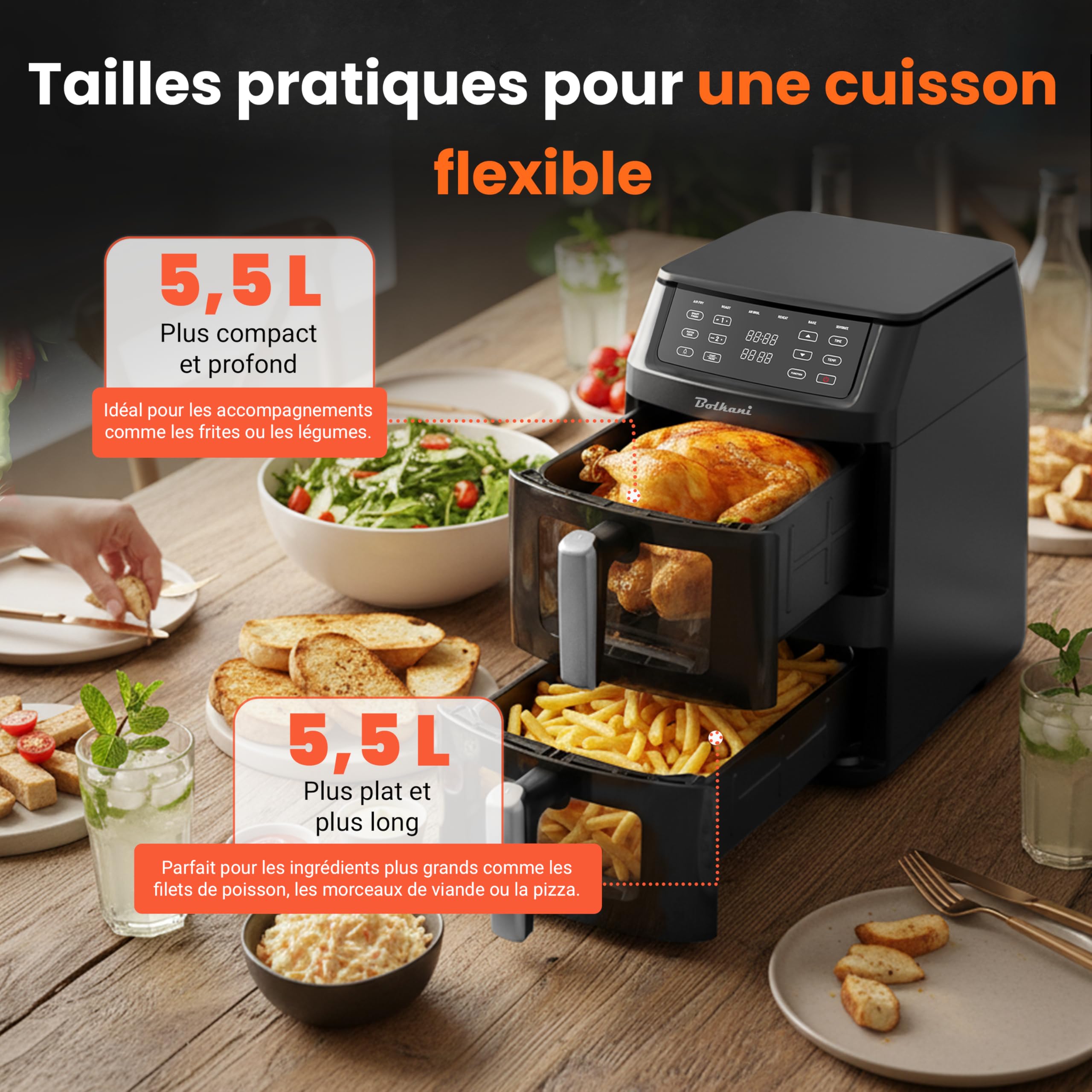 Friteuse à air chaud double XXL 11 L avec 2 chambres verticales, Smart Finish & Sync, éclairage intérieur, hublot en verre, 6 programmes automatiques, fonction grill, écran tactile.