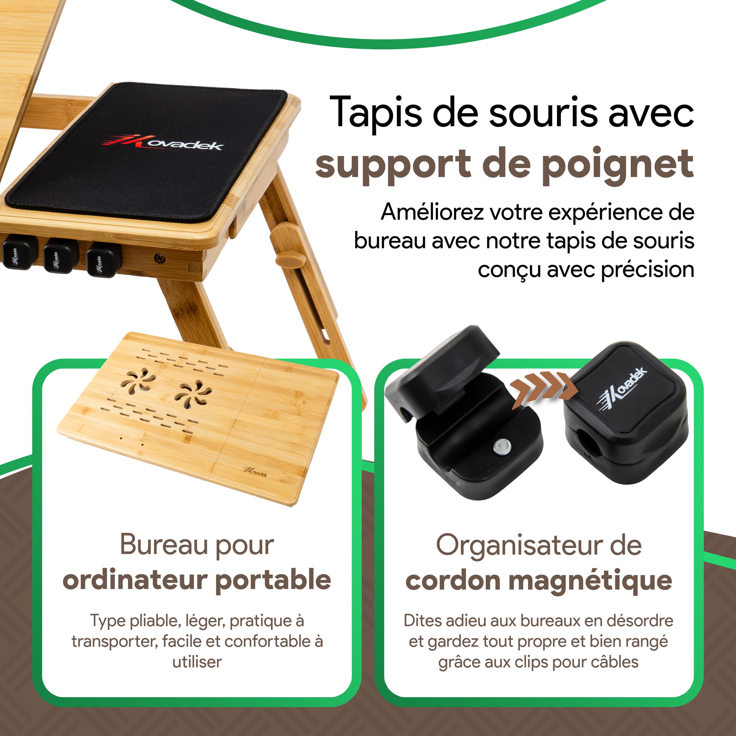 Table de Lit pour Ordinateur Portable – Bureau de Lit Réglable en Bambou avec Tiroir, Tapis de Souris et Organisateur de Câbles – Table PC Portable Pliable pour Lit et Canapé