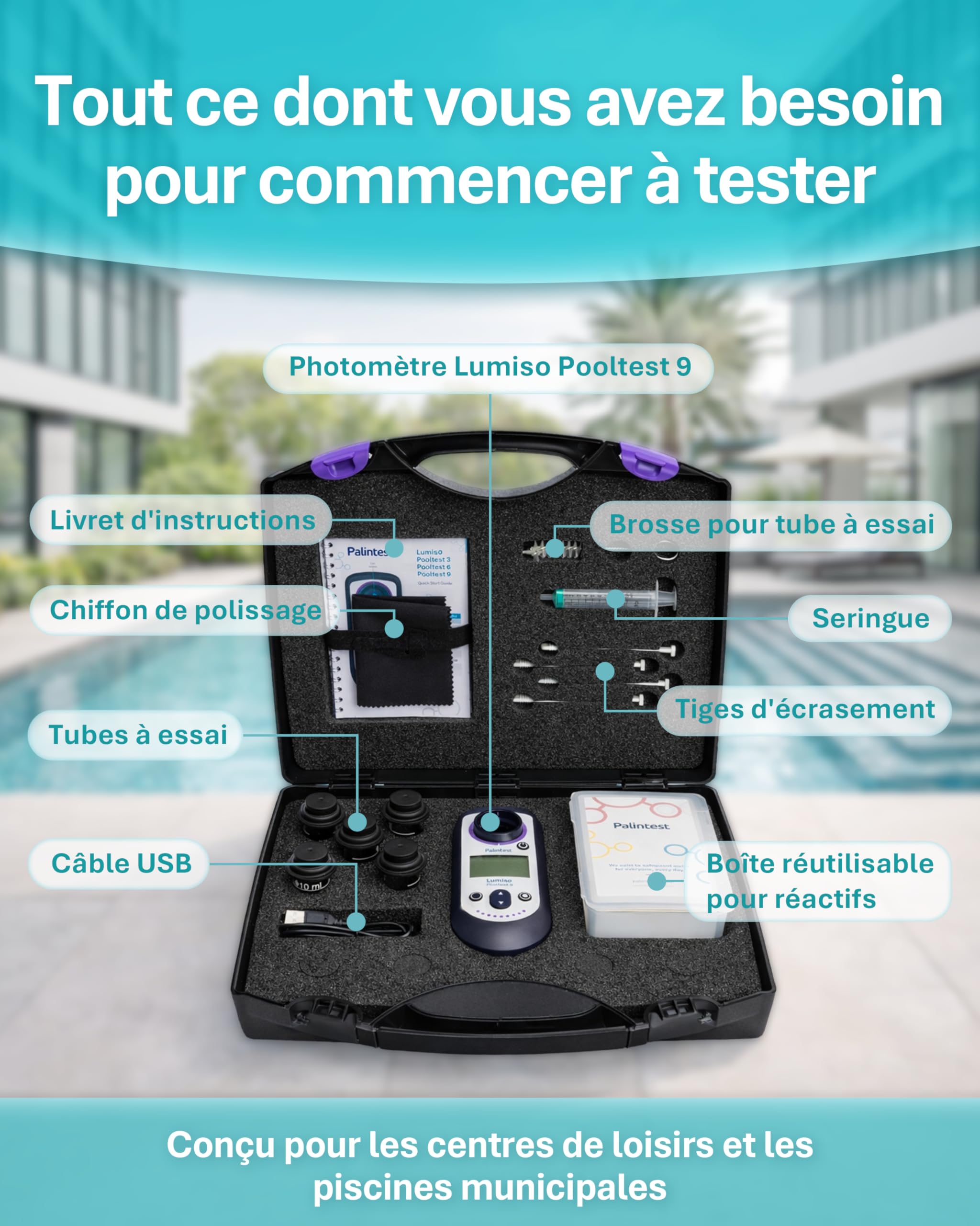 Palintest Lumiso Pooltest 9 Photomètre – Analyseur d'eau de piscine électronique 9 paramètres | Testeur électronique piscine pour mesure du pH et chlore, alcalinité et analyse professionnelle