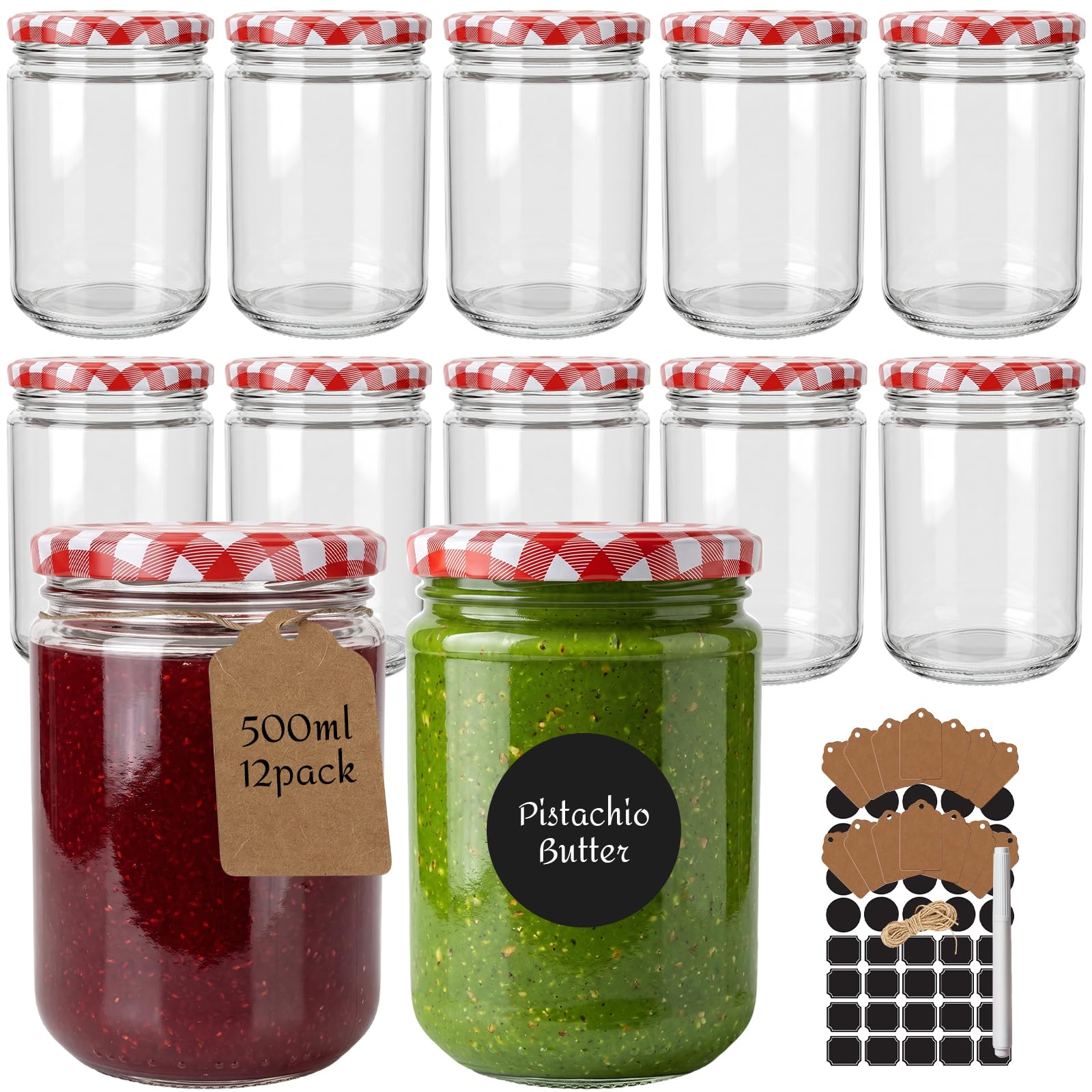 HYCKee 500ml Round Jam Jars with Red Gingham Lids, 12 Pack