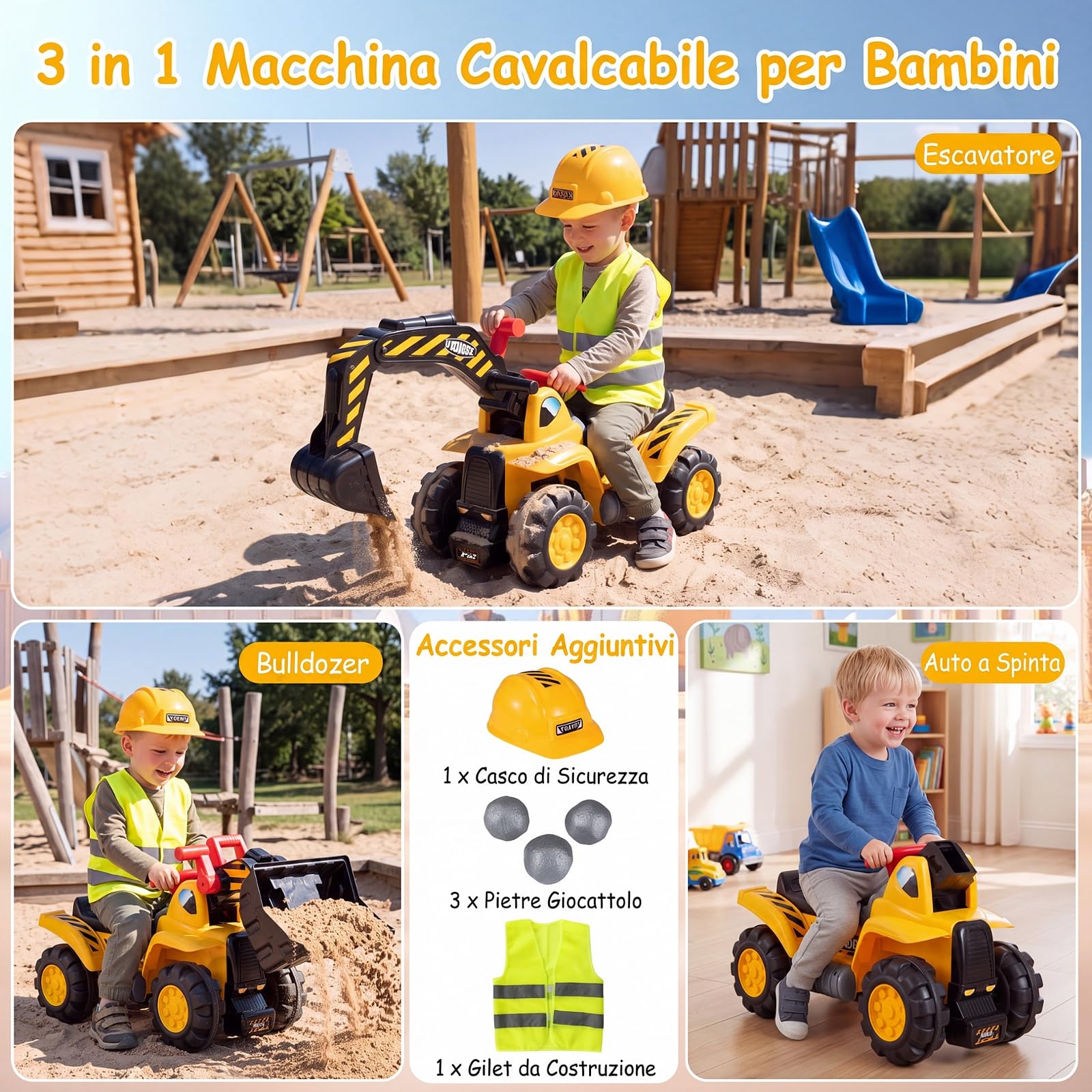 COSTWAY 3 in 1 Escavatore Cavalcabile per Bambini 2+ Anni, Carico 25 kg | Ruspa Giocattolo per Bambini con Suoni Realistici, Seduta con Vano Portaoggetti, Pietre, Casco e Gilet, per Casa Asilo