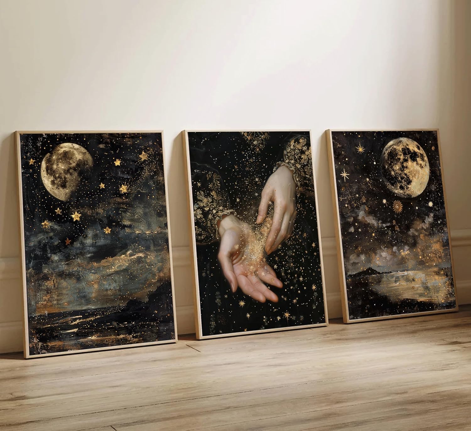 3Pcs Vintage Celestial Canvas Wall Art Moody Dark Academia We Are All Stardust Romatic Aesthetic Witchy Landscape Pictures Wall Decor Poster Print Artwork for Apartment Bedroom Dorm Girl Room Unframed