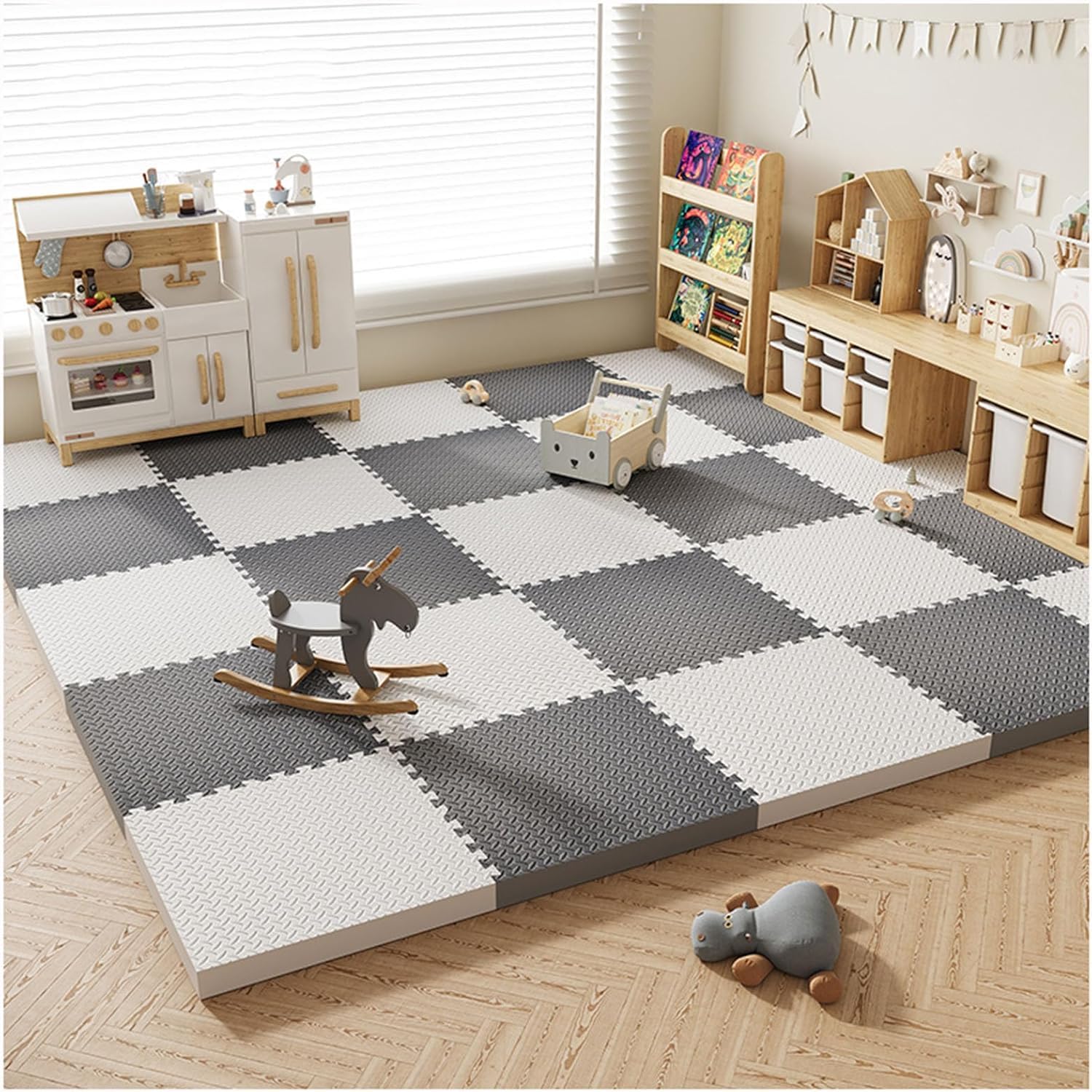 LoiYtrd Foam Floor Interlocking Foam Tiles 30x30cm Square Soft Foam Play Mat 1" Thick Puzzle Exercise Mat(White+Gray,16PCS)