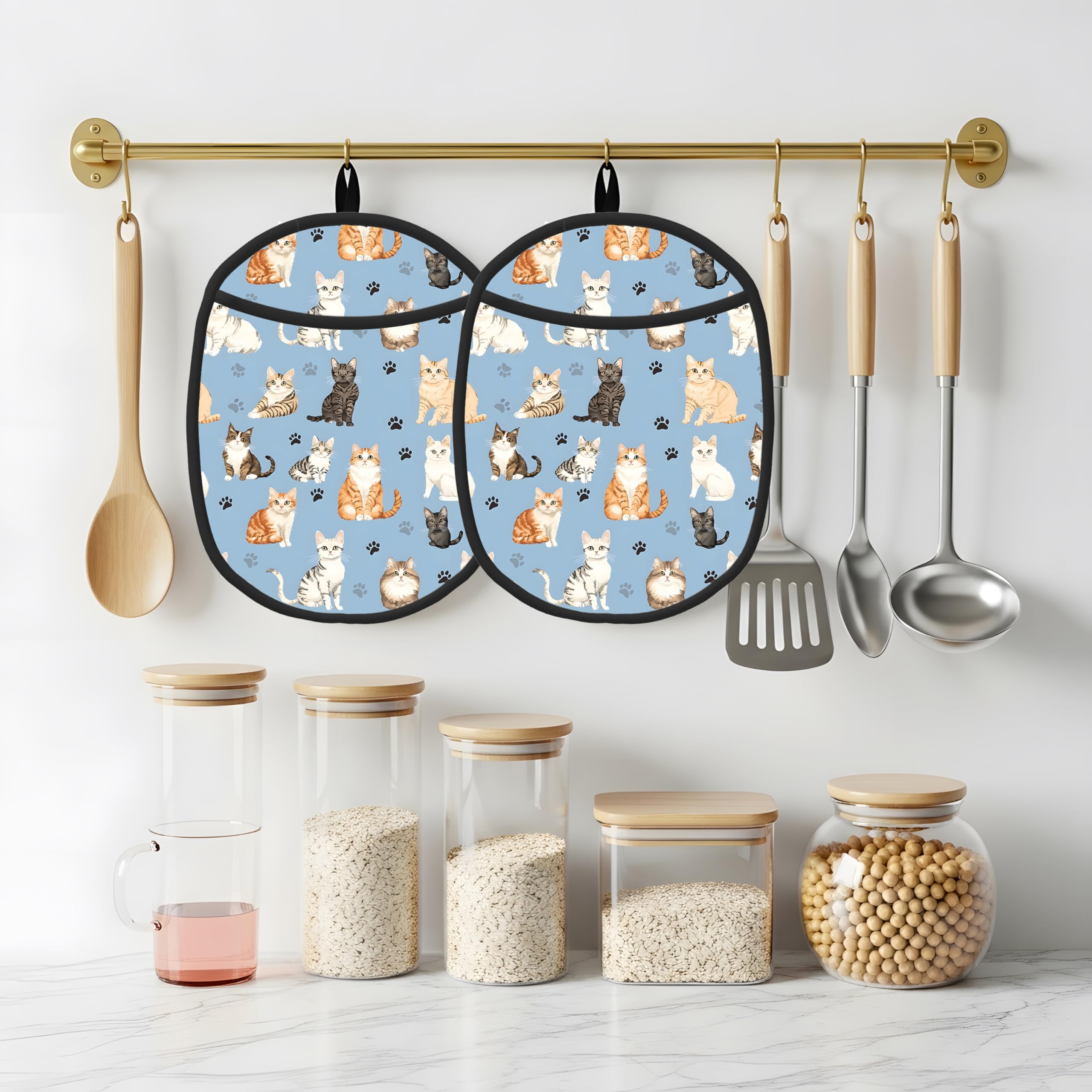 Topflappen, Silikon, Baumwollfutter, hitzebeständig bis 260 °C, rutschfester Griff, 19,1 x 23,9 cm, ovale Kochpads für Ofen, Kochen (Katze, Topflappen)