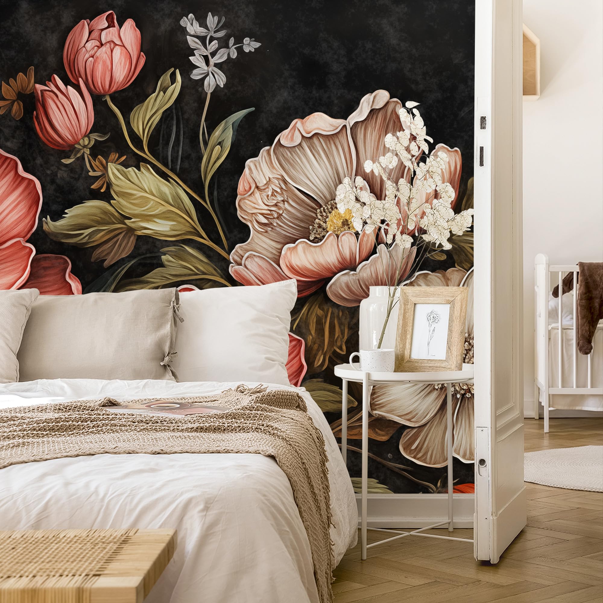 Muralo - Tapeta 3D z włókniny - fototapeta z efektem 3D - tapeta do salonu, sypialni, tapeta ścienna - fototapeta - liście i kwiaty w stylu vintage - szer. 254 cm x wys. 184 cm