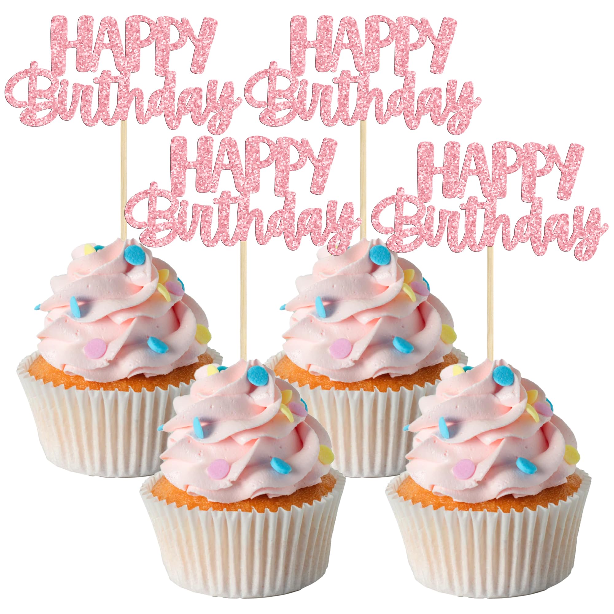 Gyufise 24pcs Happy Birthday Cupcake Toppers - Pink Glitter Celebrating Cake Picks - Baby Shower & Kids Party Decoration Supplies