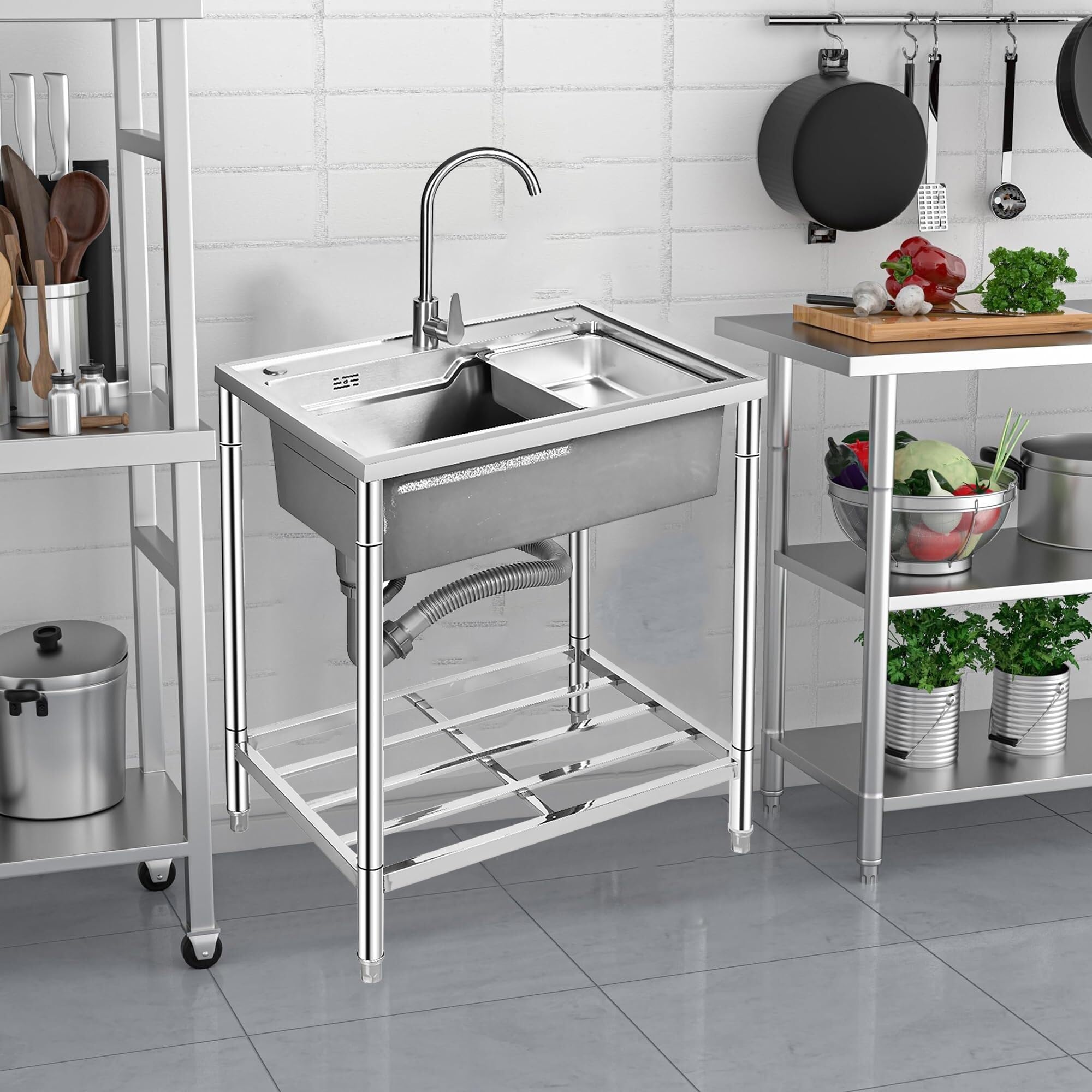 SDdPulse Fregadero independiente de acero inoxidable con grifo de agua caliente y fría, ideal para cocina, garaje, lavandería y restaurante, plateado, 72 x 49 x 85 cm