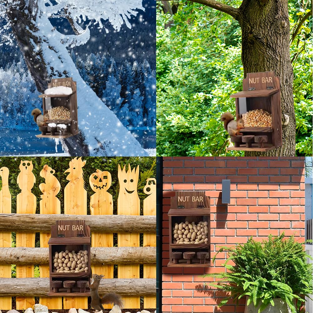 NAVESO Comedero de madera para ardillas, caja de anidación para maíz, cacahuetes, comedero de ardillas solo para ardillas, caja de casa de ardillas para jardín exterior, patio, decoración de porche
