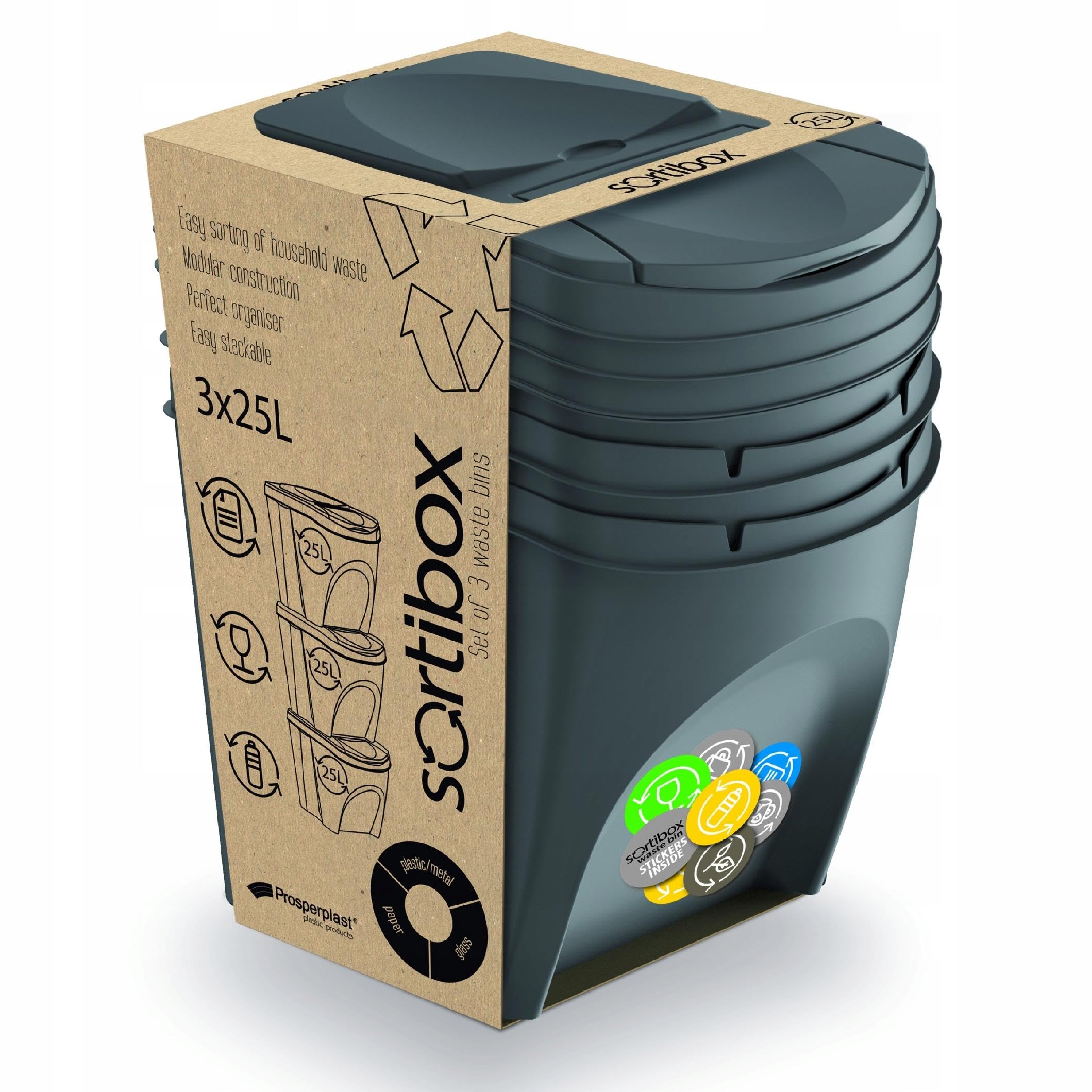 KEDEN SORTIBOX kosz na śmieci, 3-częściowy zestaw, szary, pojemność 3 x 25 l