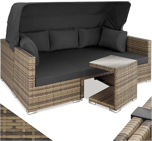 tectake Rattan Sonneninsel Sitzgruppe, Lounge Möbel Set inkl. Sofa mit Sonnendach, Hocker, Sesseln und Tisch, Outdoor Gartenmöbel, Loungemöbel Balkon und Garten, Terrassenmöbel,...