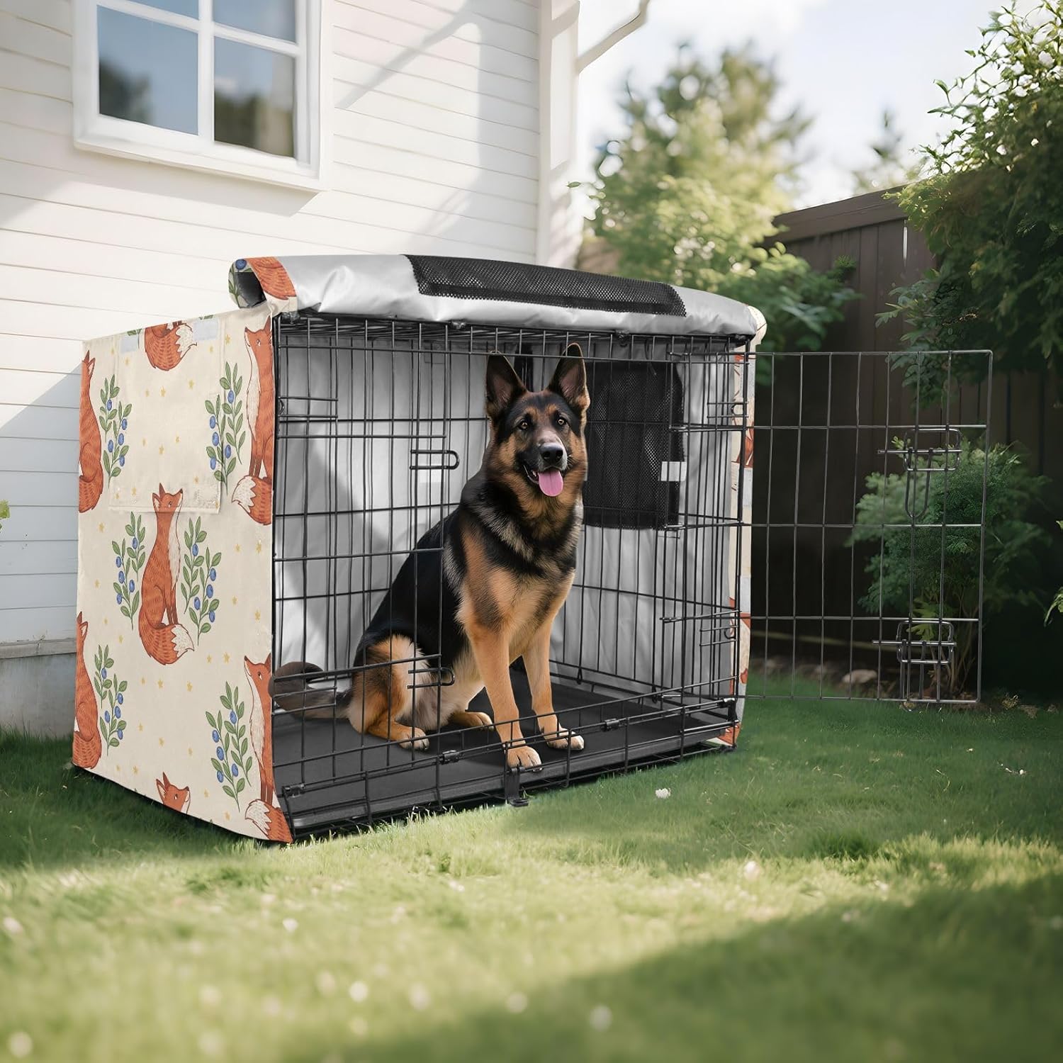 Duty 600D Silver Coated Dog Crate Cover, Water-Resistant Fox Print Pet Kennel Canopy with Mesh Windows for Optimal Ventilation, Universal Fit for Standard Wire Cage, Indoor & Travel