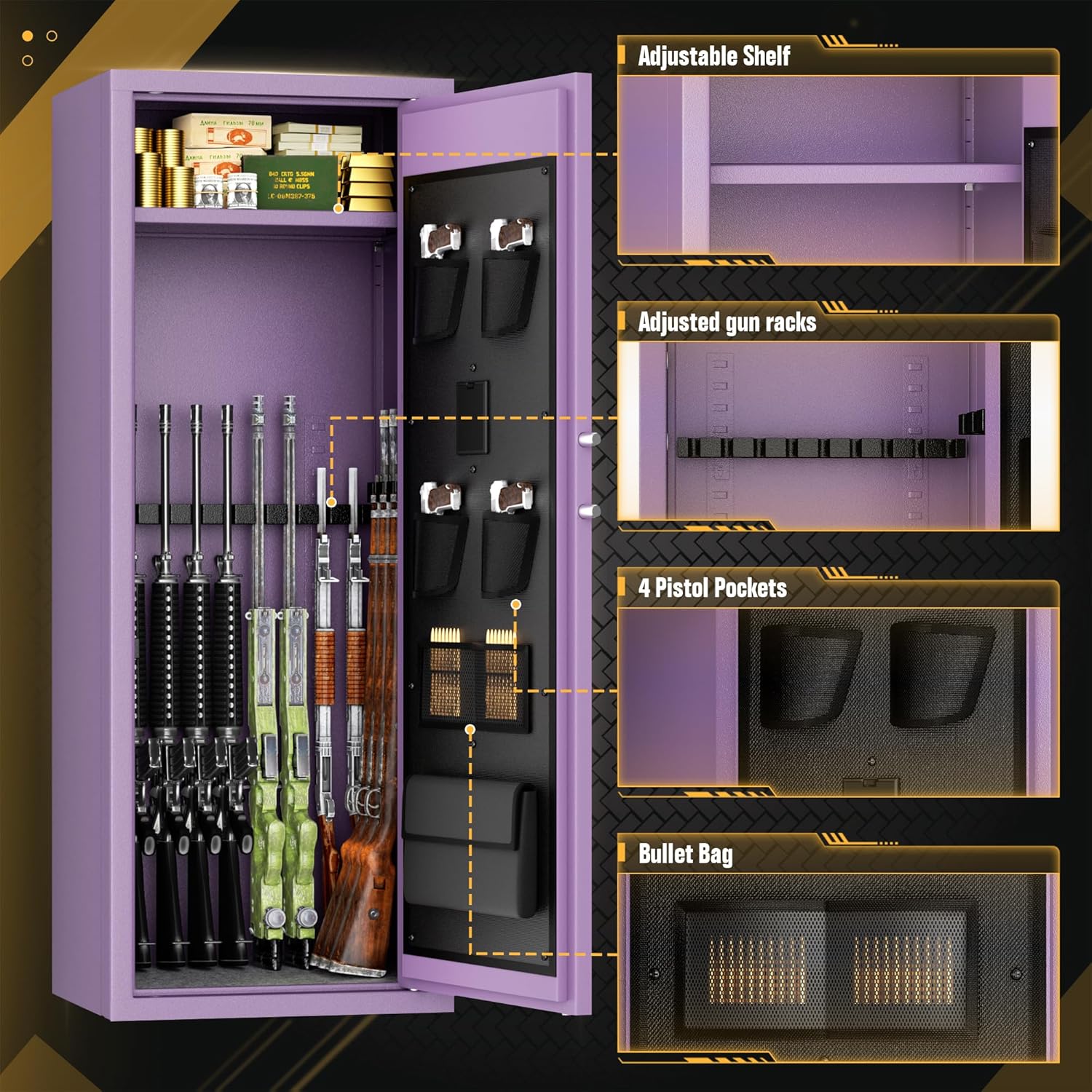 Diagram showing three ways to access the gun safe: digital keypad, key, and emergency battery box