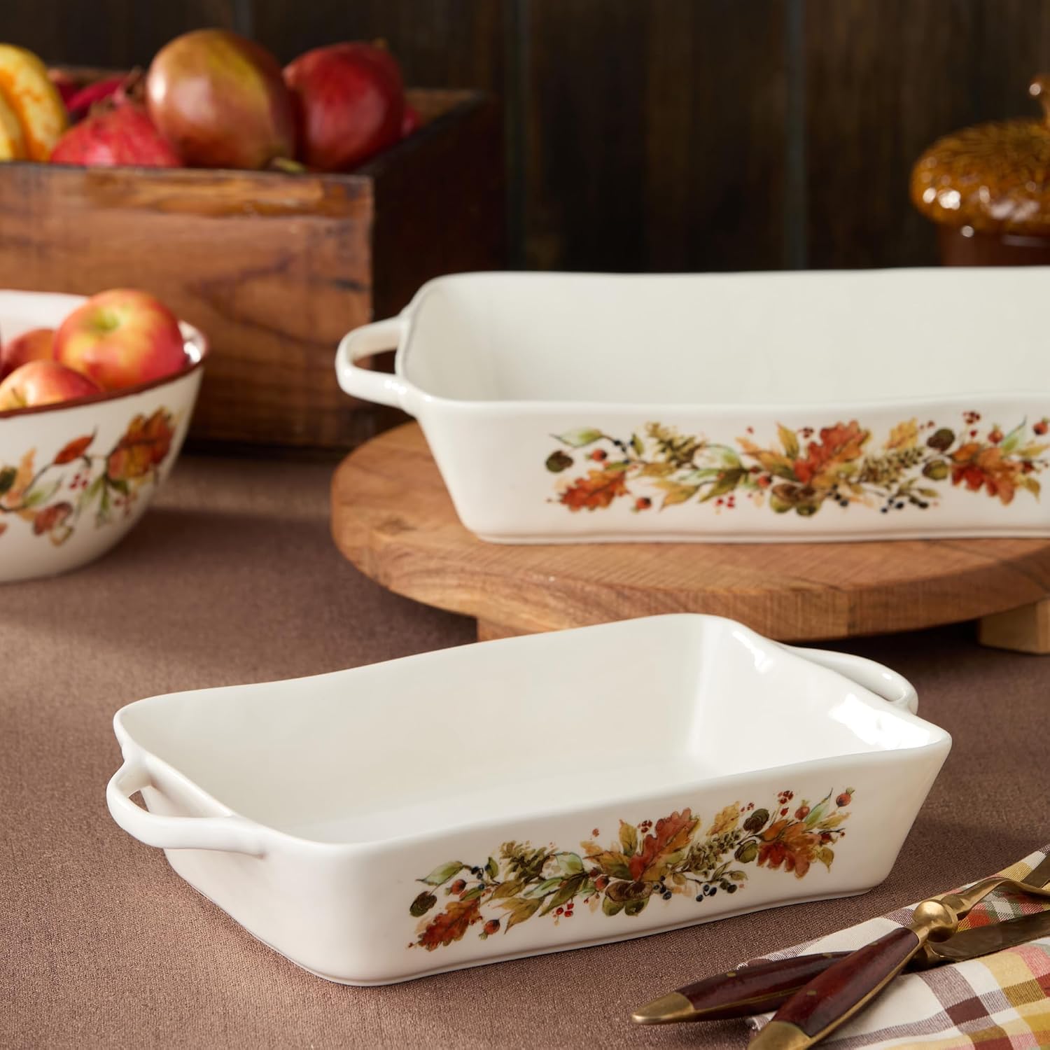 Autumn Meadows RECTANGULAR BAKER, 150 ounce — A 16x10.25x3-inch, stoneware baking dish painted with harvest botanicals, built for oven-to-table service at every holiday feast.