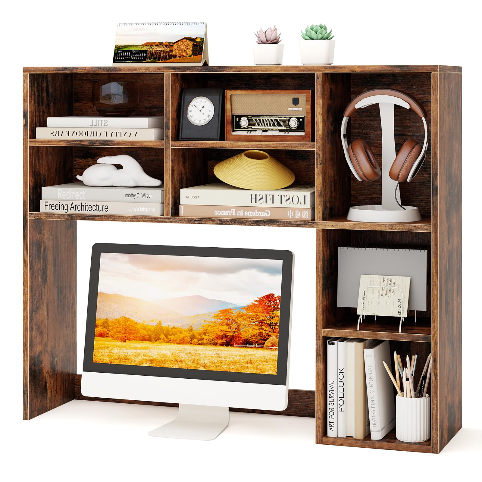Tangkula Desktop Bookshelf, 37" Countertop Storage Hutch with 7 Cubes &amp; 3 Adjustable Shelves, 3-Tier Desk Display Rack Organizer, Multipurpose Wood Desktop Hutch for Dorm Home Office (Rustic Brown)