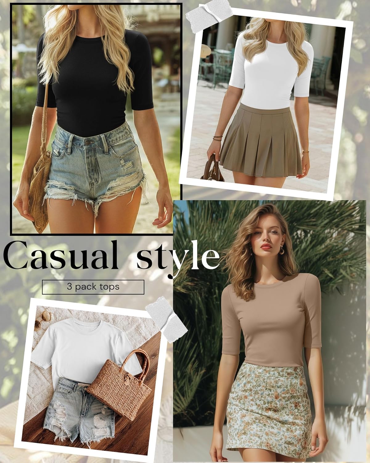 Riyiper 3 Pack Women's Half Sleeve Tops Crewneck 1/2 Sleeve T Shirts Elbow Length Tops Slim Fit Cotton Blend Basic Tees - Image 4