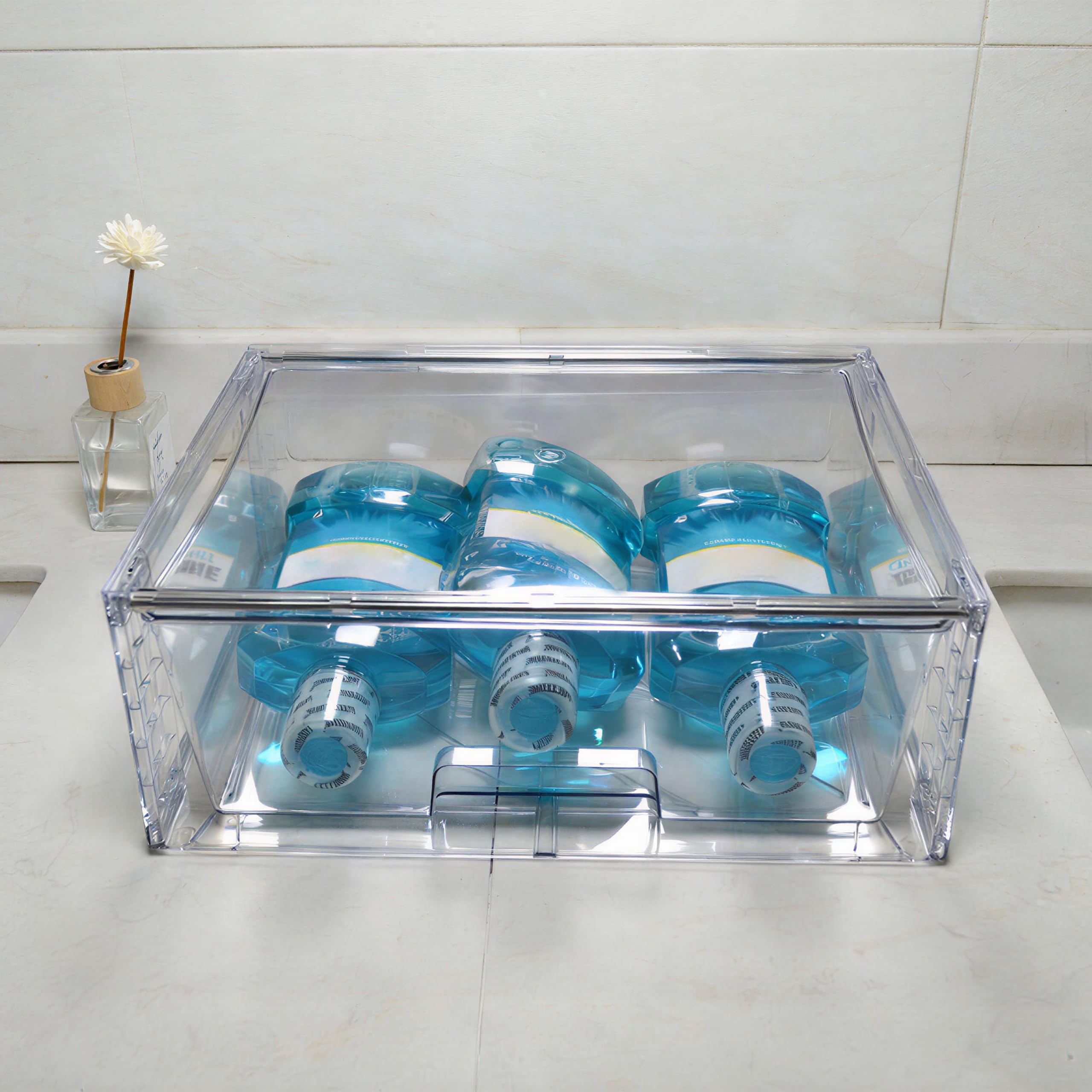 3er Set Breite Stapelbare Aufbewahrungsschubladen für Bad und Küche, Hochfeste Klare Acryl Organizer mit Griffen Einfach Zu Montierende Kunststoffboxen für Kühlschrank Schrank und Speisekammer