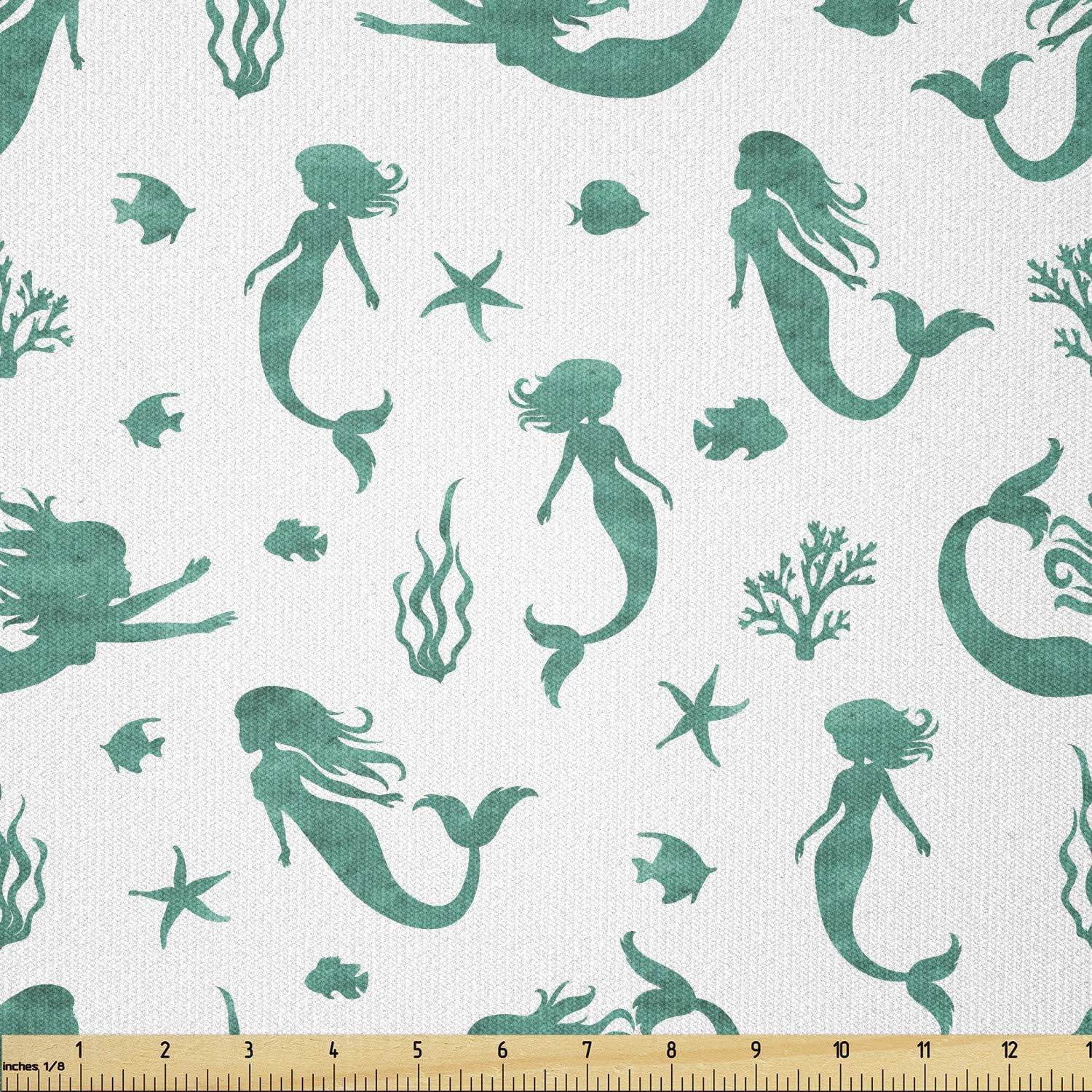 Lunarable Mermaid Fabric by The Yard, Watercolor Mermaid Swimming Exotic Fishes Seastars Coral Reef Maritime, Stretch Knit Fabric for Clothing Sewing and Arts Crafts, 5 Yards, White Green