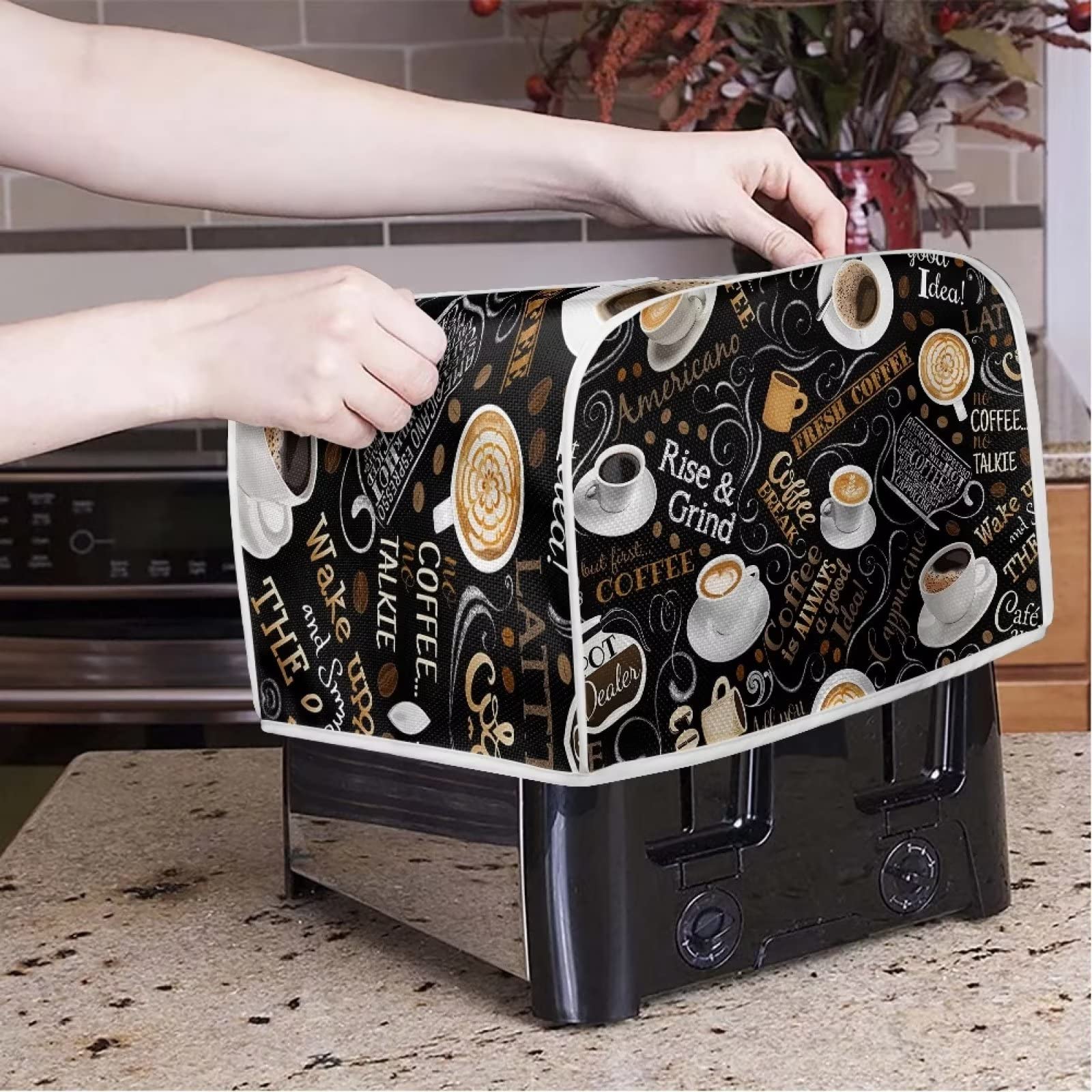Mumeson Coffee Print Toaster Cover - Kitchen Accessories Decor, Bread Maker Oven Protector, 4 Slice Toaster Dust Proof Fingerprint Cover, Kitchen Decoration