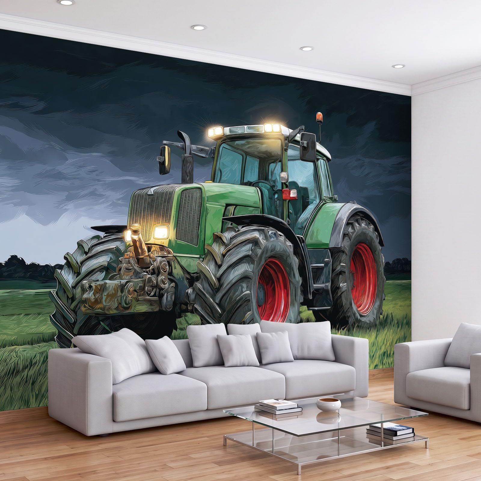 Fototapeta z efektem 3D, obszar wiejski, traktor, łąki, niebiesko-zielona, tapeta 500 x 280 cm, tapeta z włókniny, nowoczesna tapeta ścienna do salonu, sypialni, pokoju dziecięcego, dekoracja ścienna