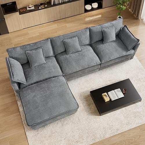 115" L Shaped Cloud Couch Sectional Large Modular Cloud Sofa Grey Sectional Couches for Living Room Comfy Chenille Couch Modern Deep 4 Seat Sofa Set with Ottoman