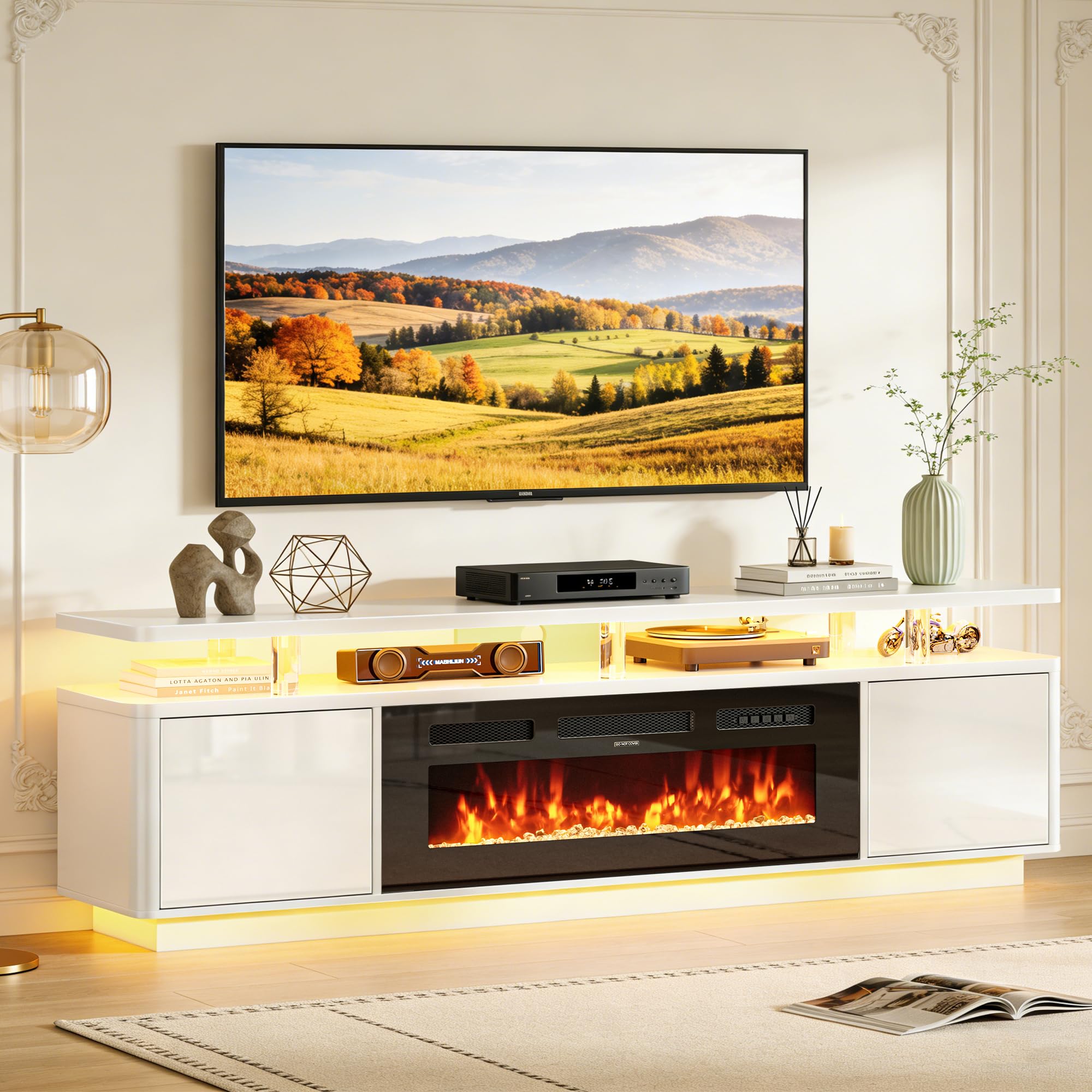 oneinmil 80" Fireplace TV Stand with Dual LED Lights, Fits Most TVs Up to 90", Electric Fireplace Entertainment Center with Storage Cabinets, Media