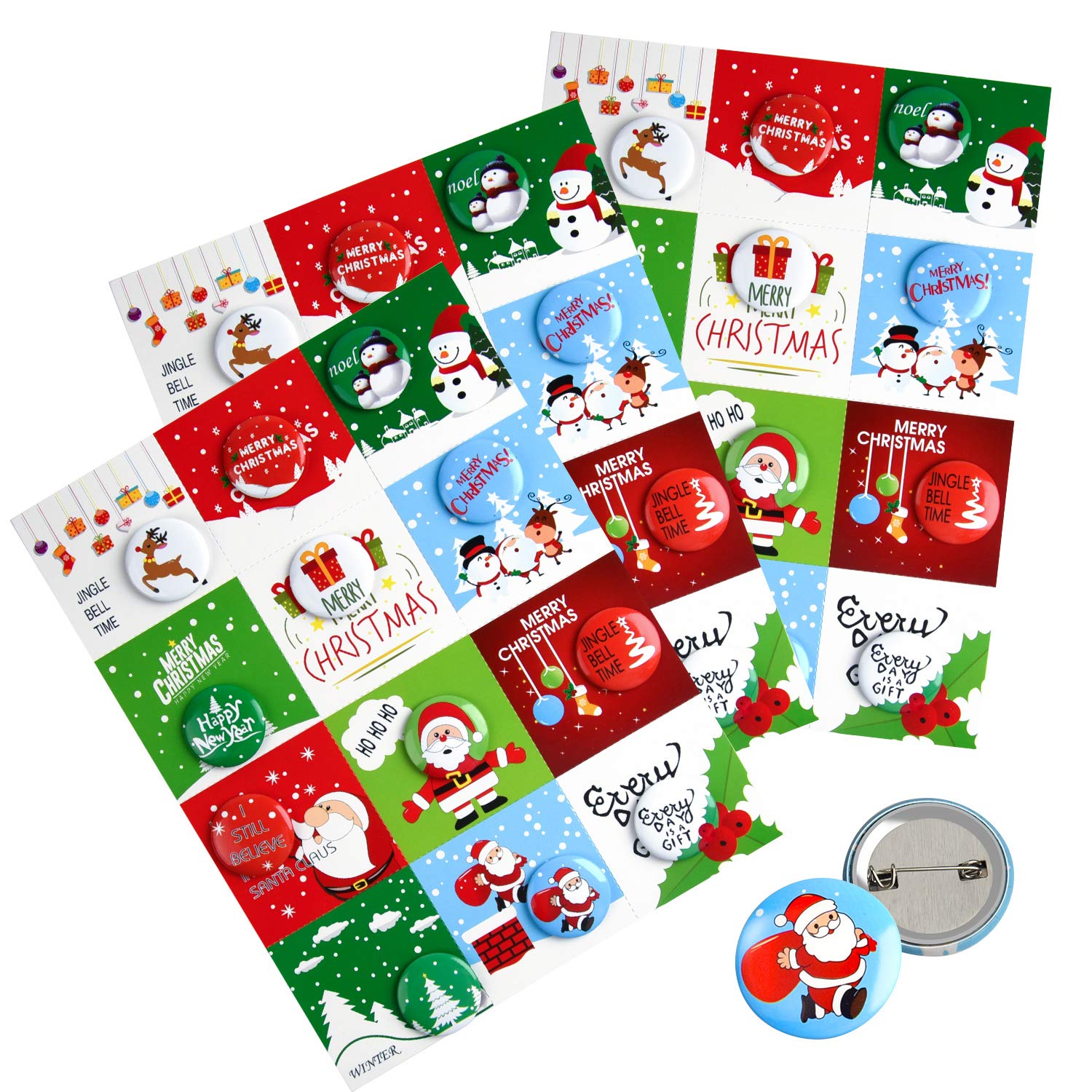 FEPITO 36 Pcs Botones de Feliz Navidad Botones Mini Pinback con Tarjetas de Navidad para Niños Suministros Fiesta de Navidad