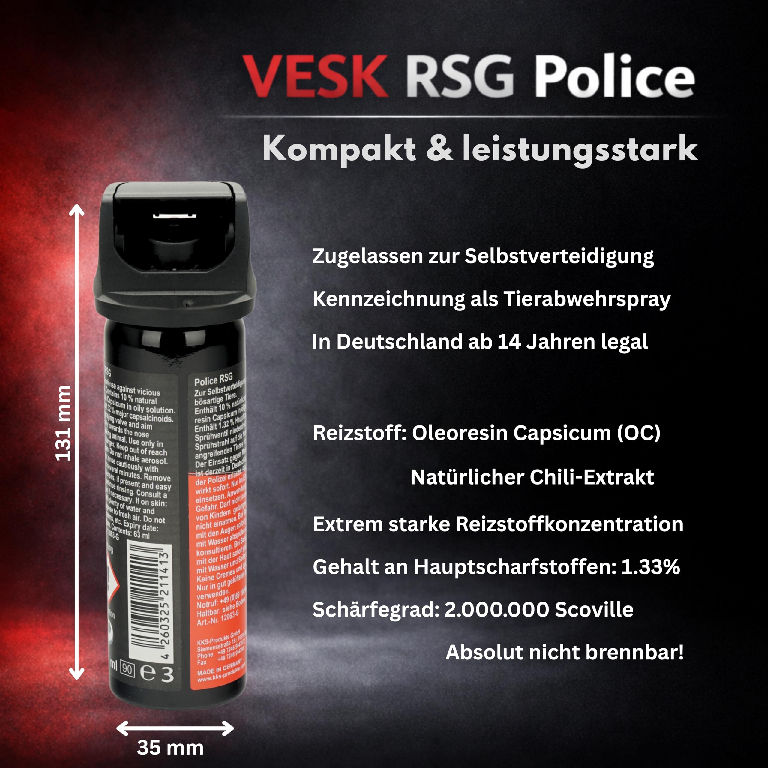 Pfefferspray Pfeffergel VESK RSG Police Gel 63 ml Sprühkopf mit Federdeckelkappe