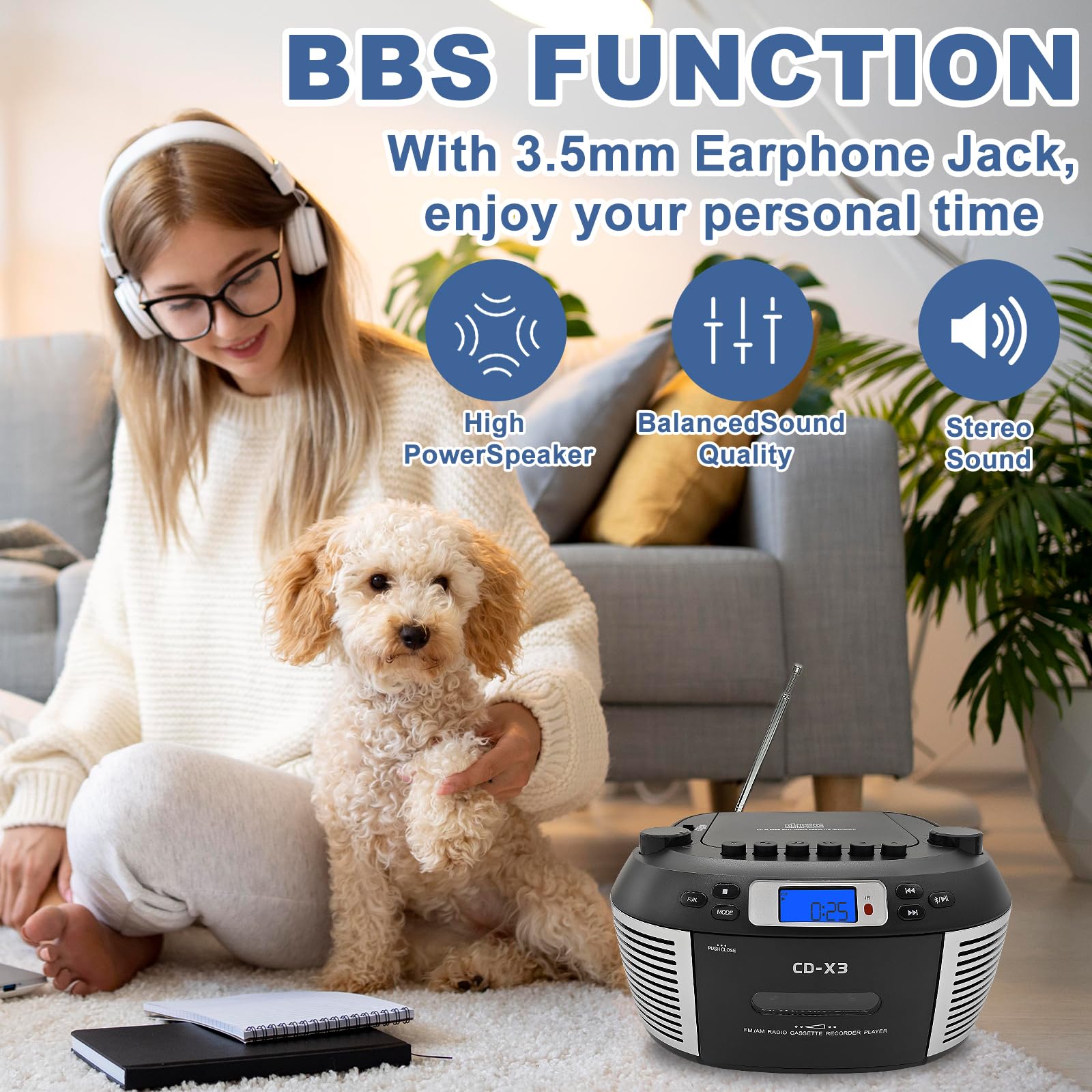 Tragbarer CD- & Kassettenplayer mit Fernbedienung – Inklusive FM/AM-Radio, USB-Wiedergabe, Bluetooth-Lautsprecher, Aufnahmefunktion und Netz-/Batteriebetrieb (Nicht inkl)