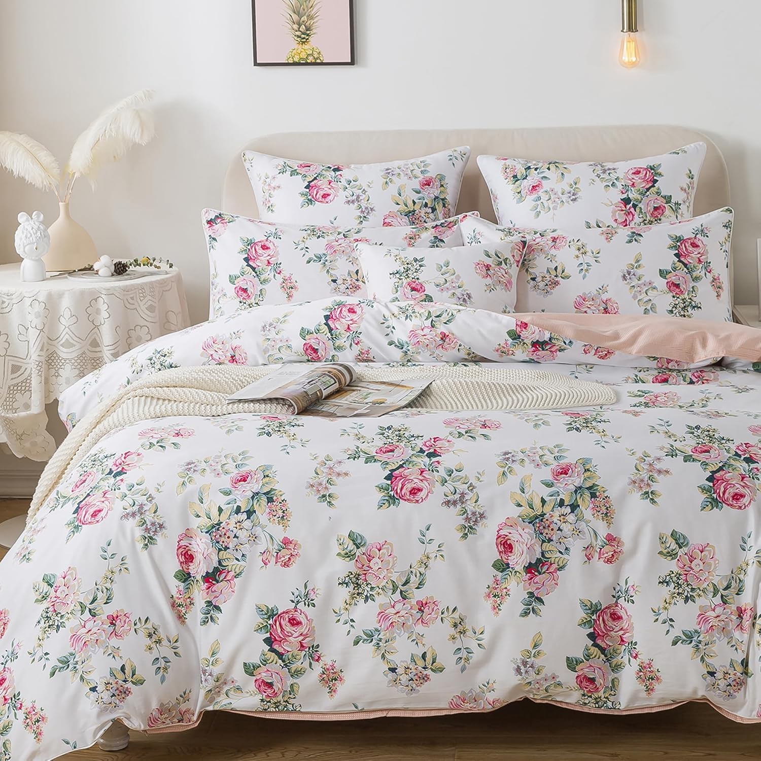 USTIDE Duvet Cover Set King Size Pink Rose Floral Bedding Shabby Peony Flower Quilt Cover Set Vintage Farmhouse Bedding 100% Cotton Soft Comforter Cover Set with Hidden Zipper Closure 3Pcs — image 1