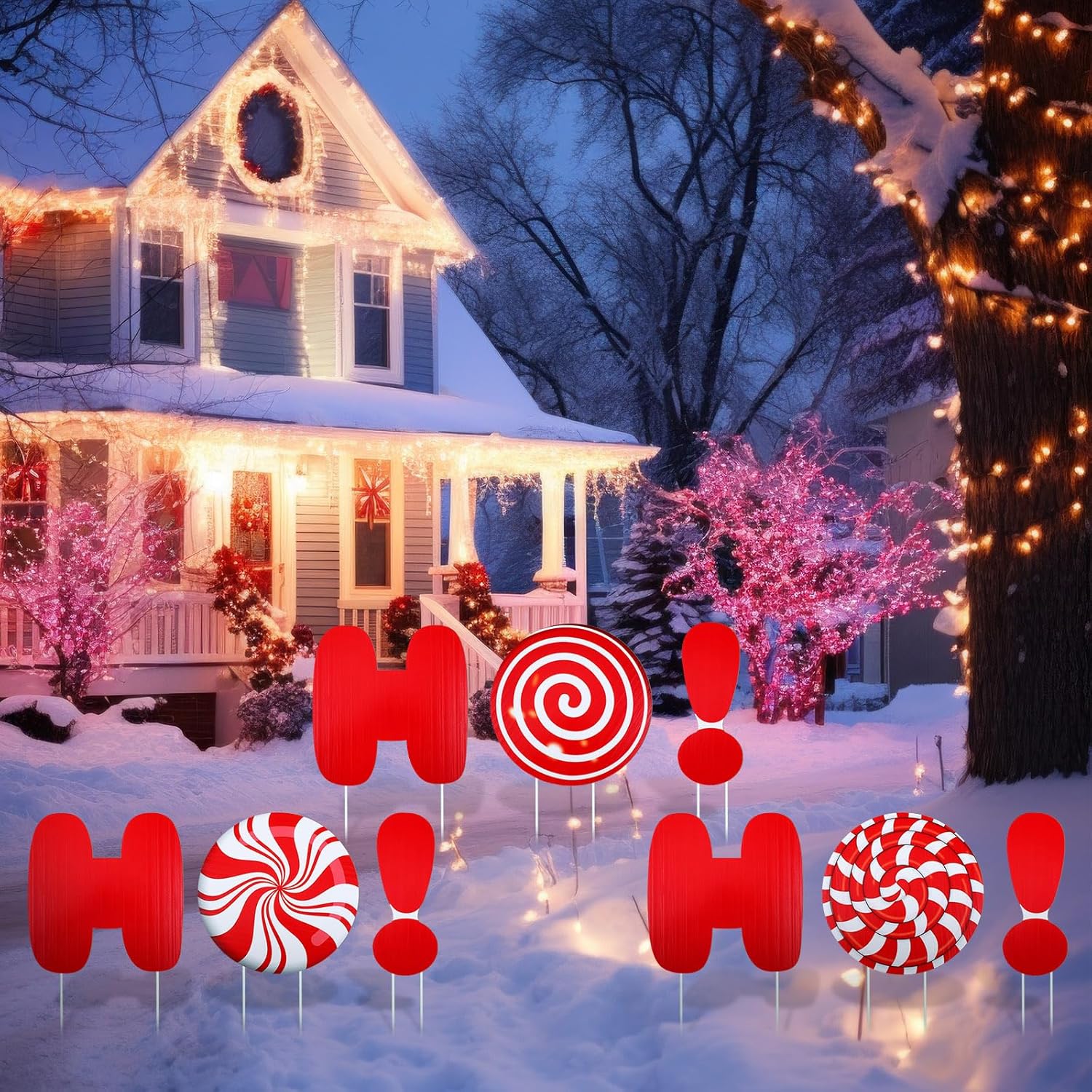 9 Pcs Christmas HOHOHO Yard Sign with Stakes Xmas Letter Candy Outdoor Lawn Decorations Waterproof Corrugated Lawn Signs Peppermint Garden Sign for Xmas Holiday Outdoor Garden