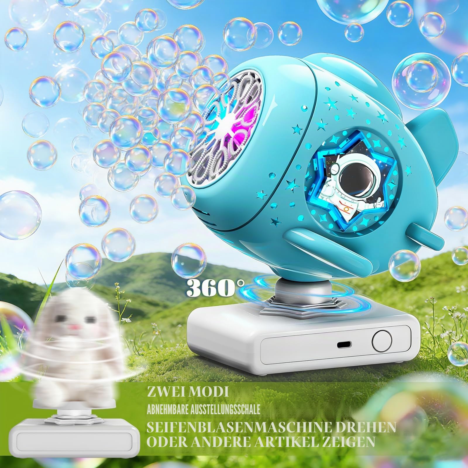 Sitodier wiederaufladbare Seifenblasenmaschine, um 360° drehbares Seifenblasenspielzeug mit Licht, Seifenblasenmaschine in Raumschiff-Form für Kinder und Kleinkinder, Geburtstag, Party, Hochzeit