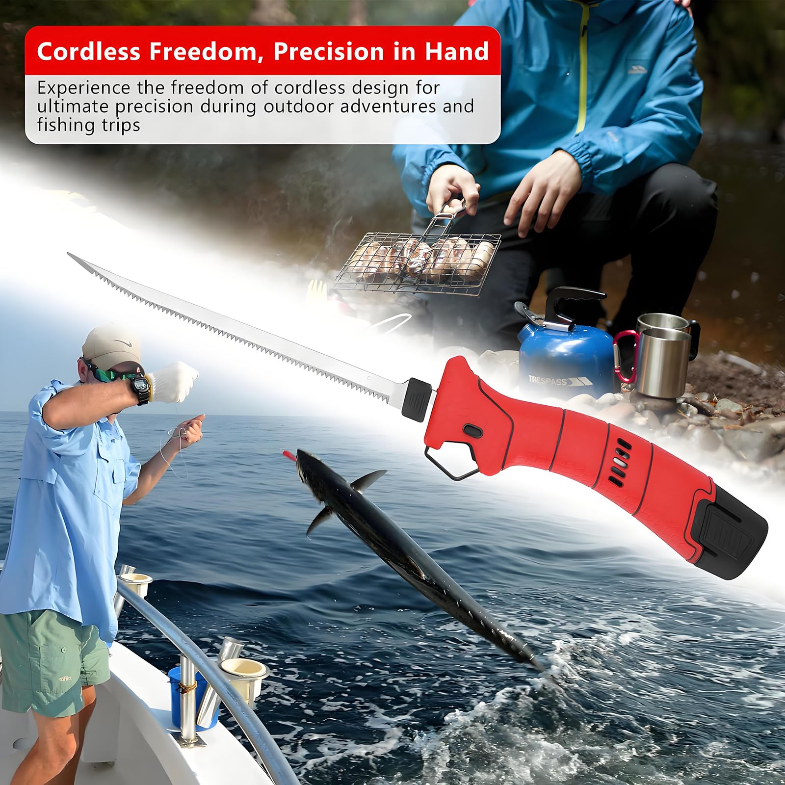 Cuchillo De Filete Eléctrico para Pescado, Cuchillo De Fileteado De Pescado Inalámbrico con 4 Cuchillos De Filete Recíprocos Antiadherentes De Nitruro De Titanio SS