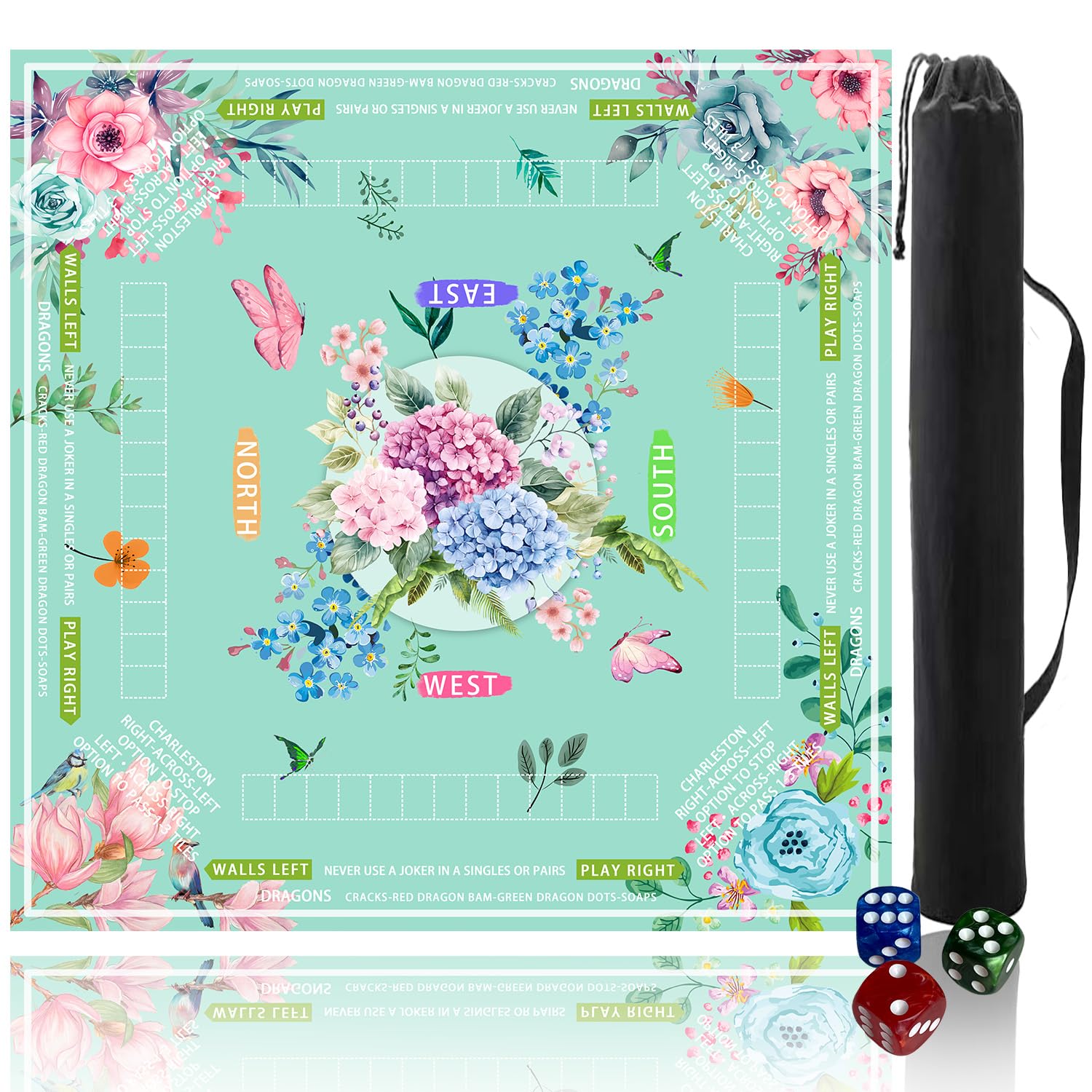 Pittera Mahjong mat for Table with Drawstring Bag/31.5Inch/American Mahjong Table Cloth with Rules mats， Noise Reduction Anti-Slip Game mat for Table，for Poker/Board Games/Card/Dominoes (Light Green)