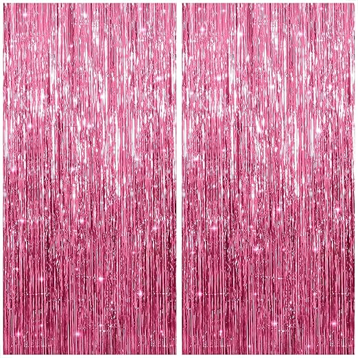 KatchOn, XtraLarge Pink Streamers - 3.2x8 ft - Pack of 2 | Pink Fringe Backdrop for Pink Birthday Decorations | Pink Tinsel Backdrop Curtain for Party and Photo Booth | Pink Party Decorations